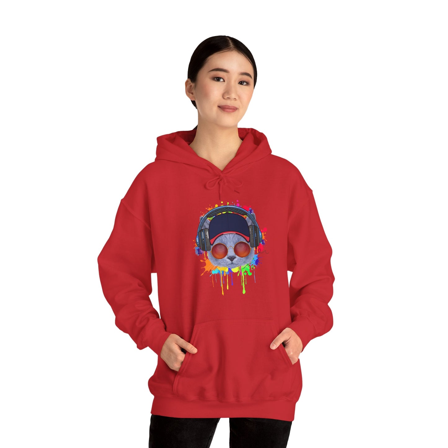 Red Lost In Music Cat Themed Hooded Sweatshirt Unisex