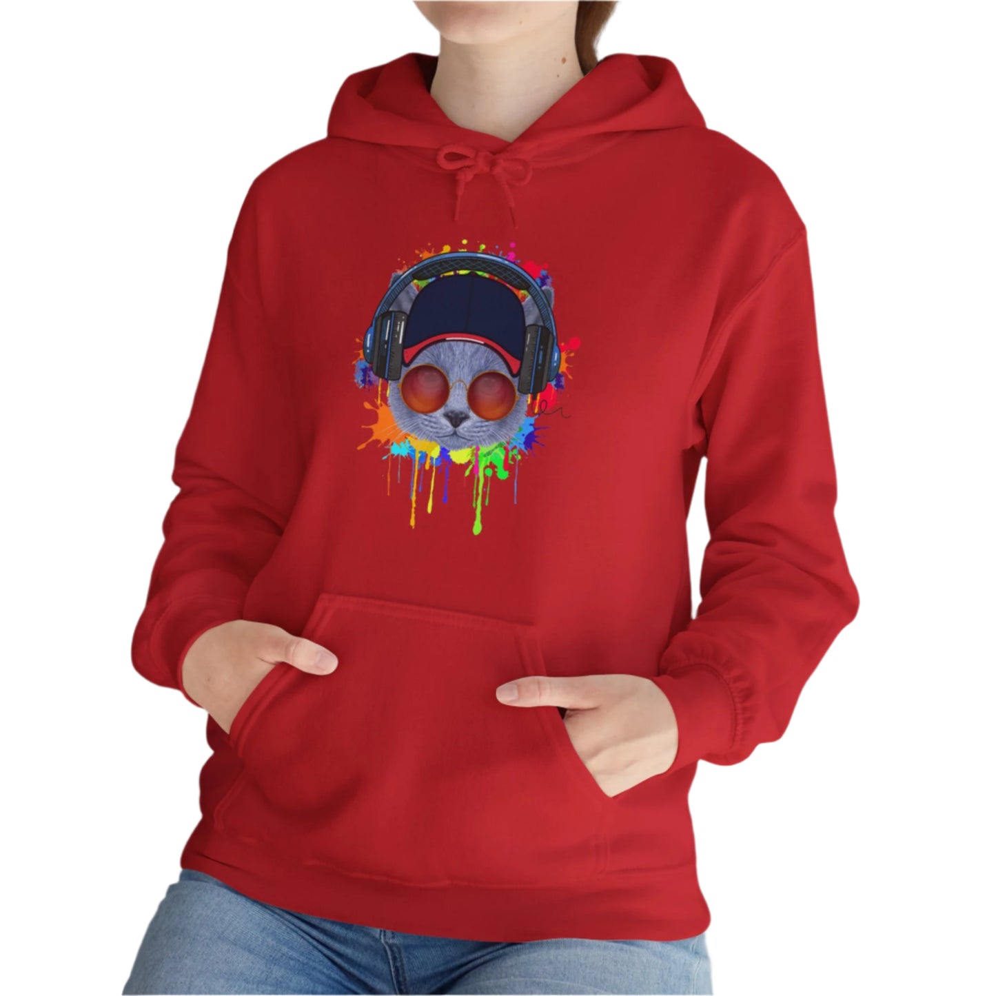 Red Lost In Music Cat Themed Hooded Sweatshirt Unisex