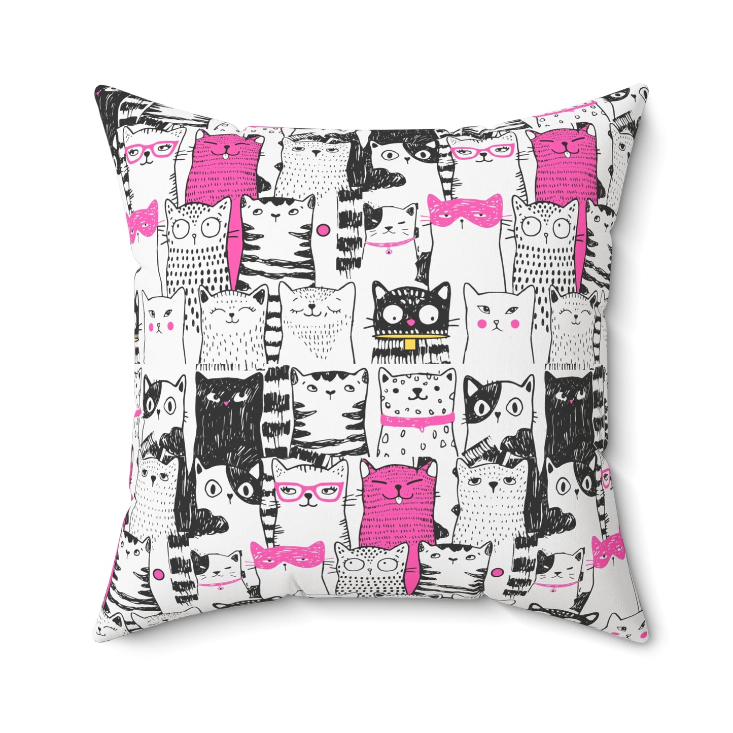 Square throw pillow with black-and-white cartoon cat pattern with bright pink color pop