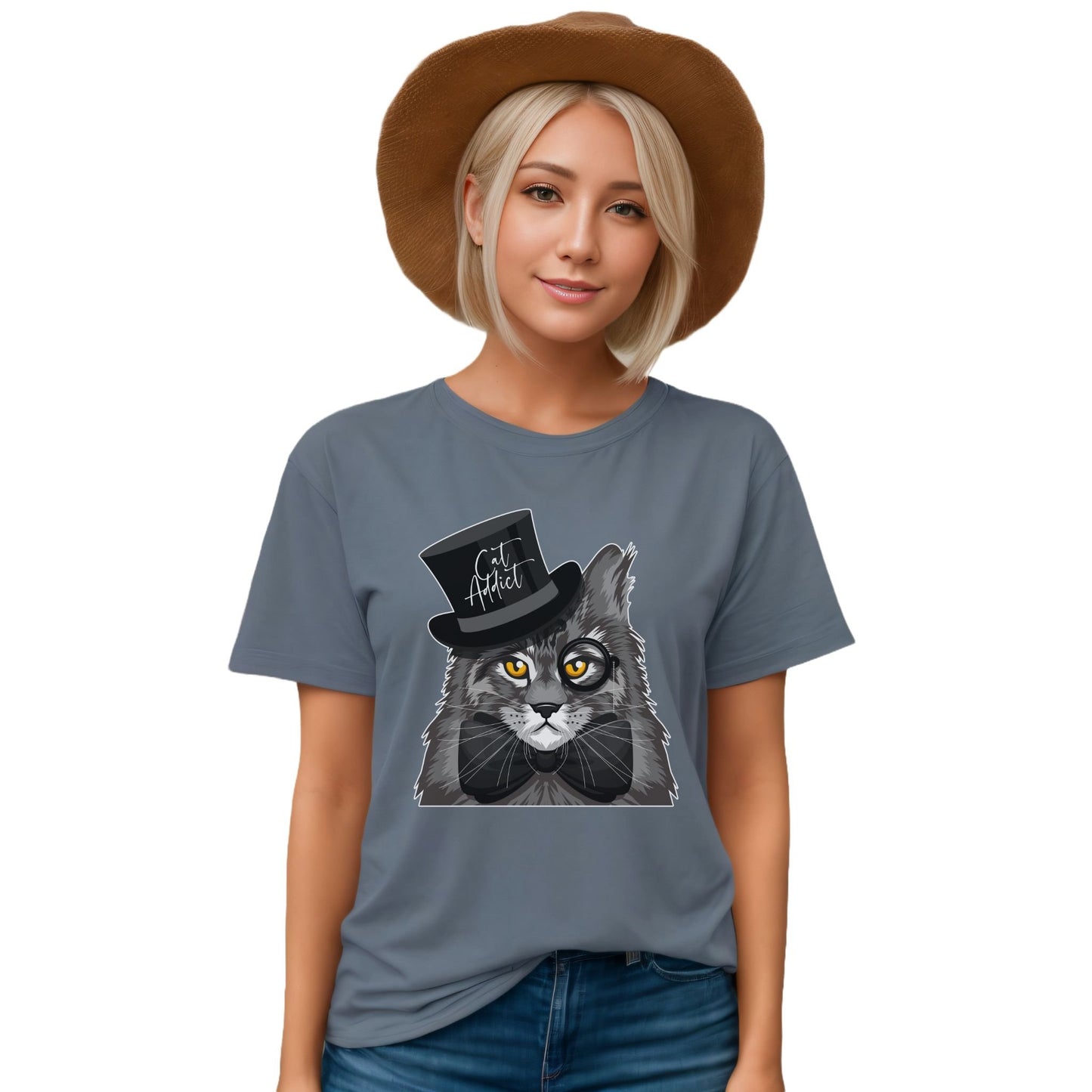 Steel Blue Cat Addict T-Shirt Unisex Crew Neck