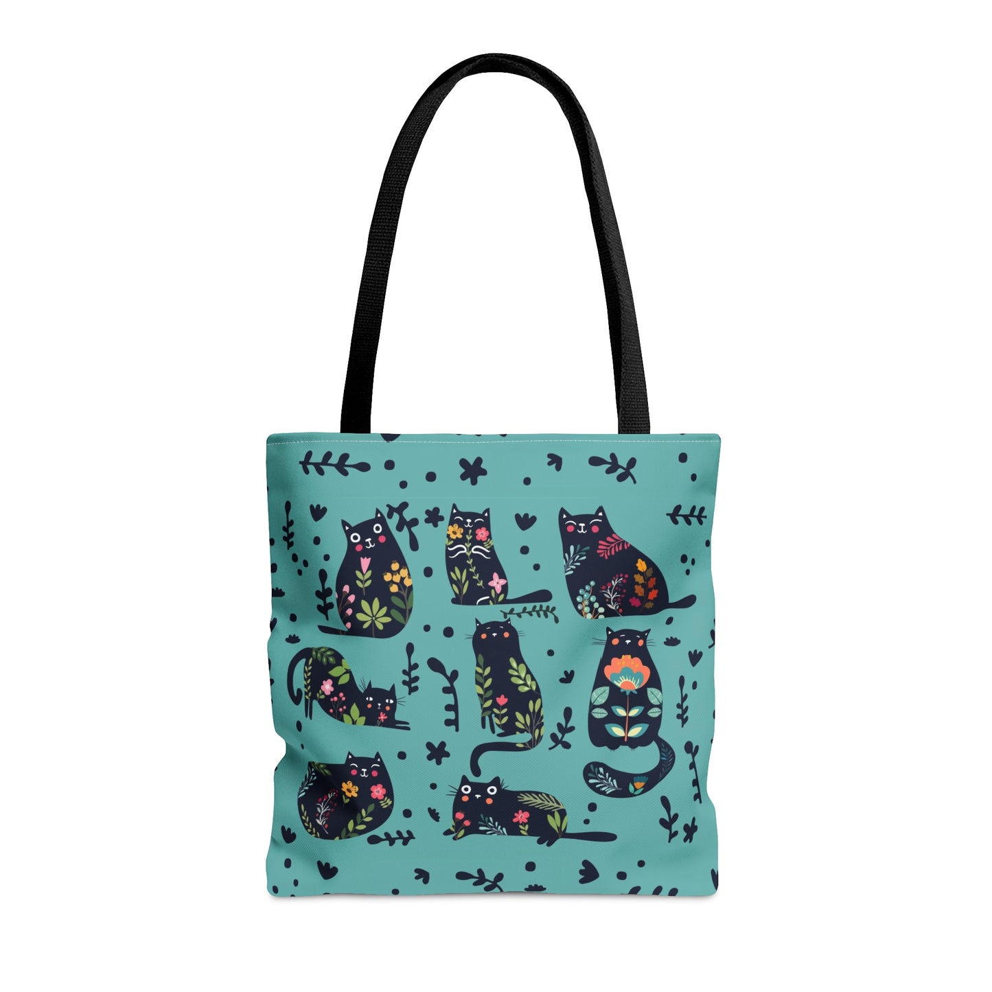 Blue Tote bag with black illustrated cats and flowers pattern.