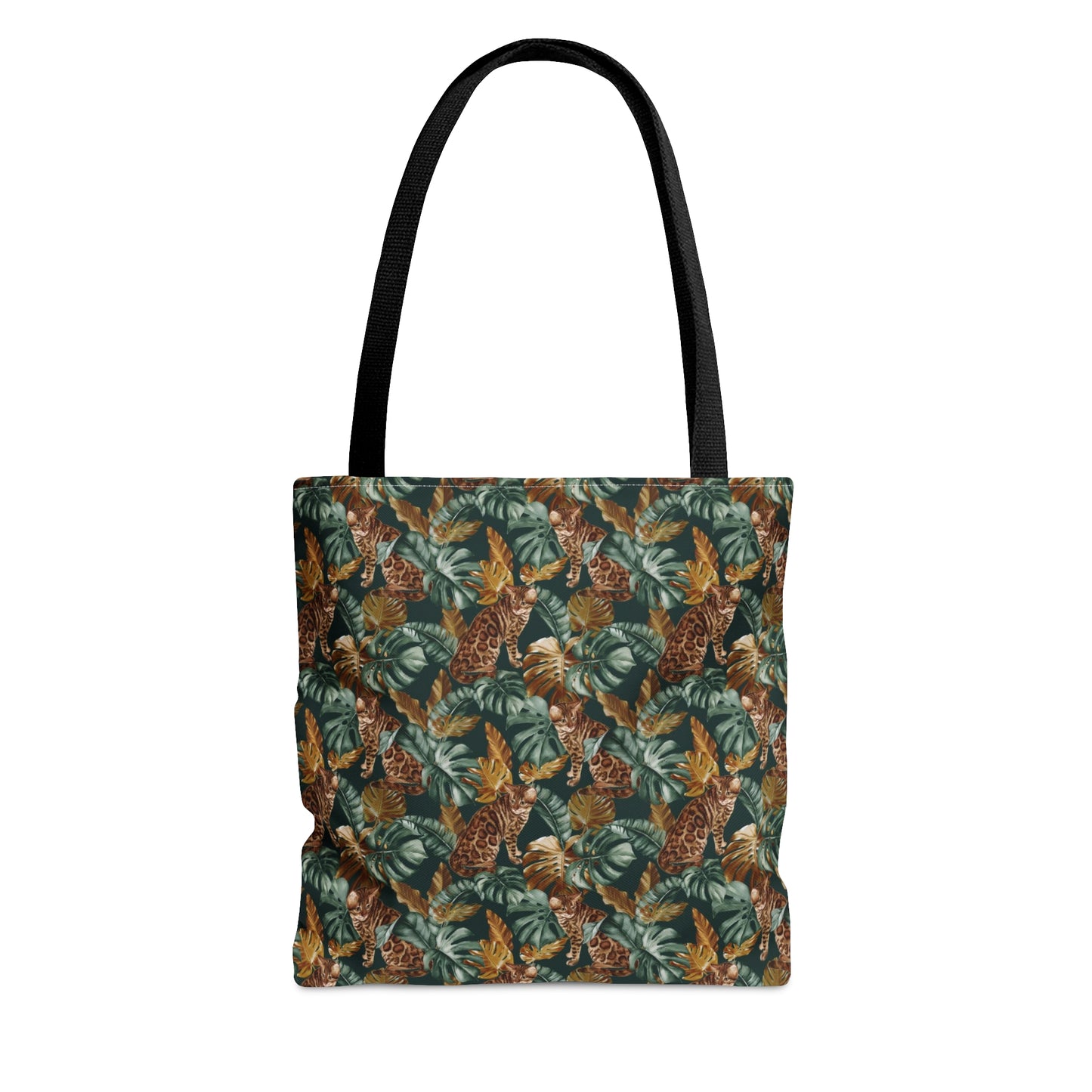 Tote bag with a Bengal cat and leaf pattern.