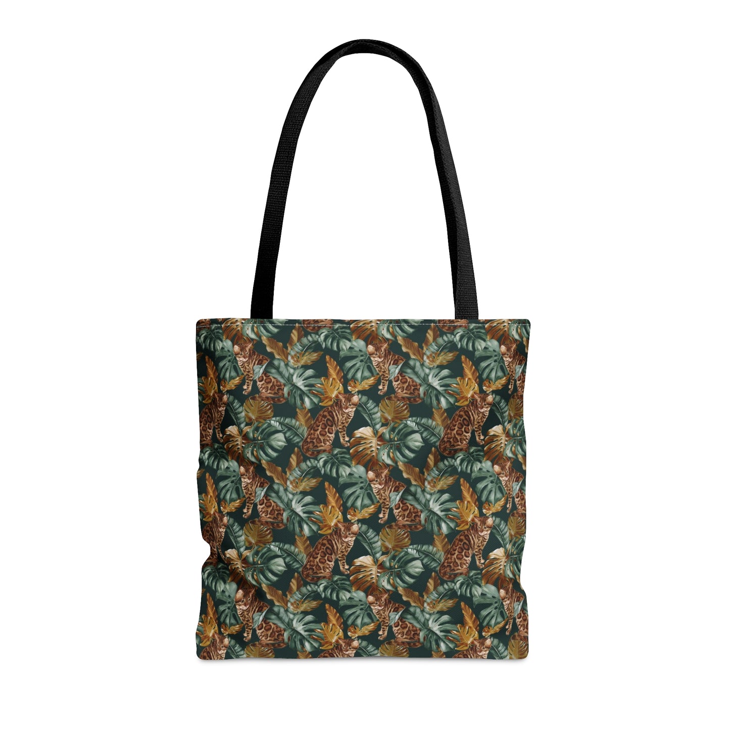 Tote bag with a Bengal cat and leaf pattern.