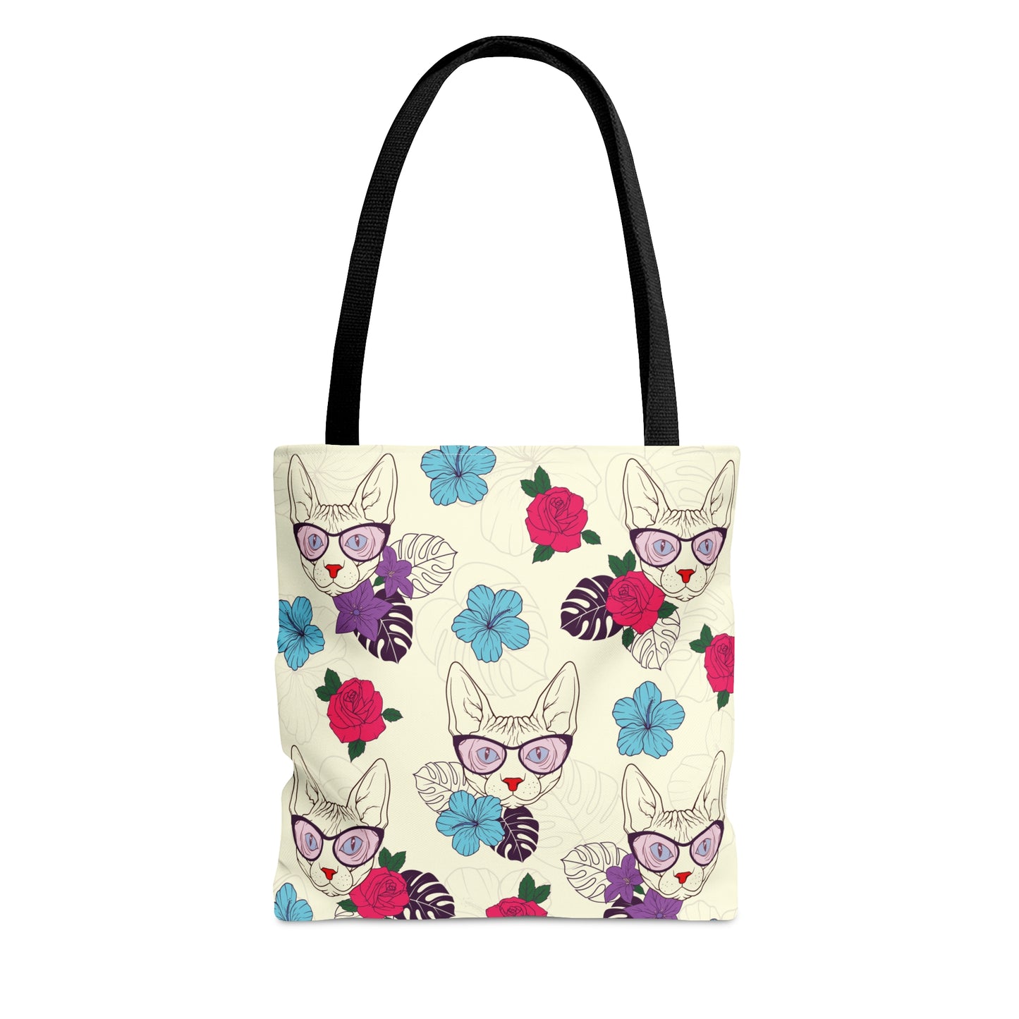 Tote bag with Sphynx cat and flower pattern on a cream background