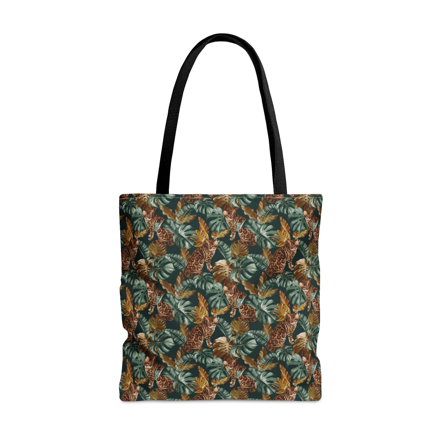 Tote bag with a Bengal cat and leaf pattern.
