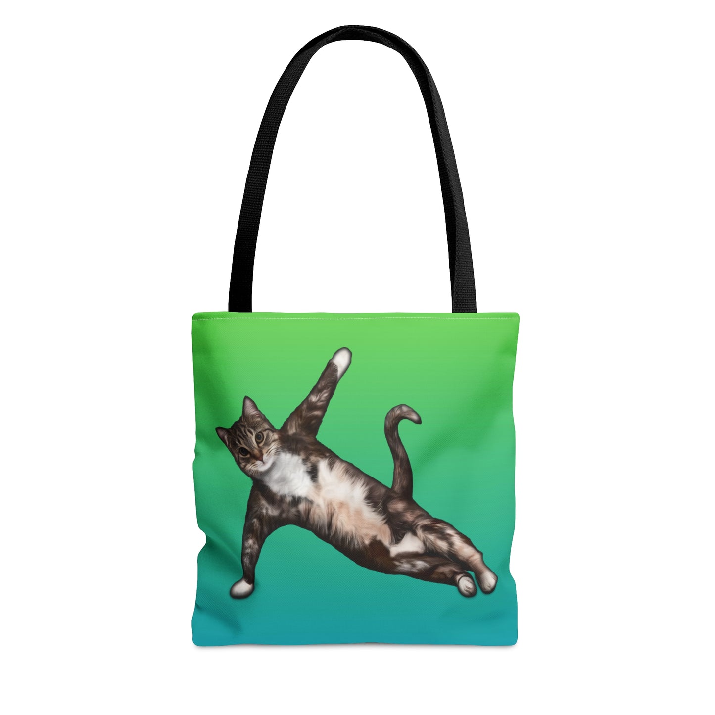 Tote bag with a cat in a yogi pose on a green gradient background