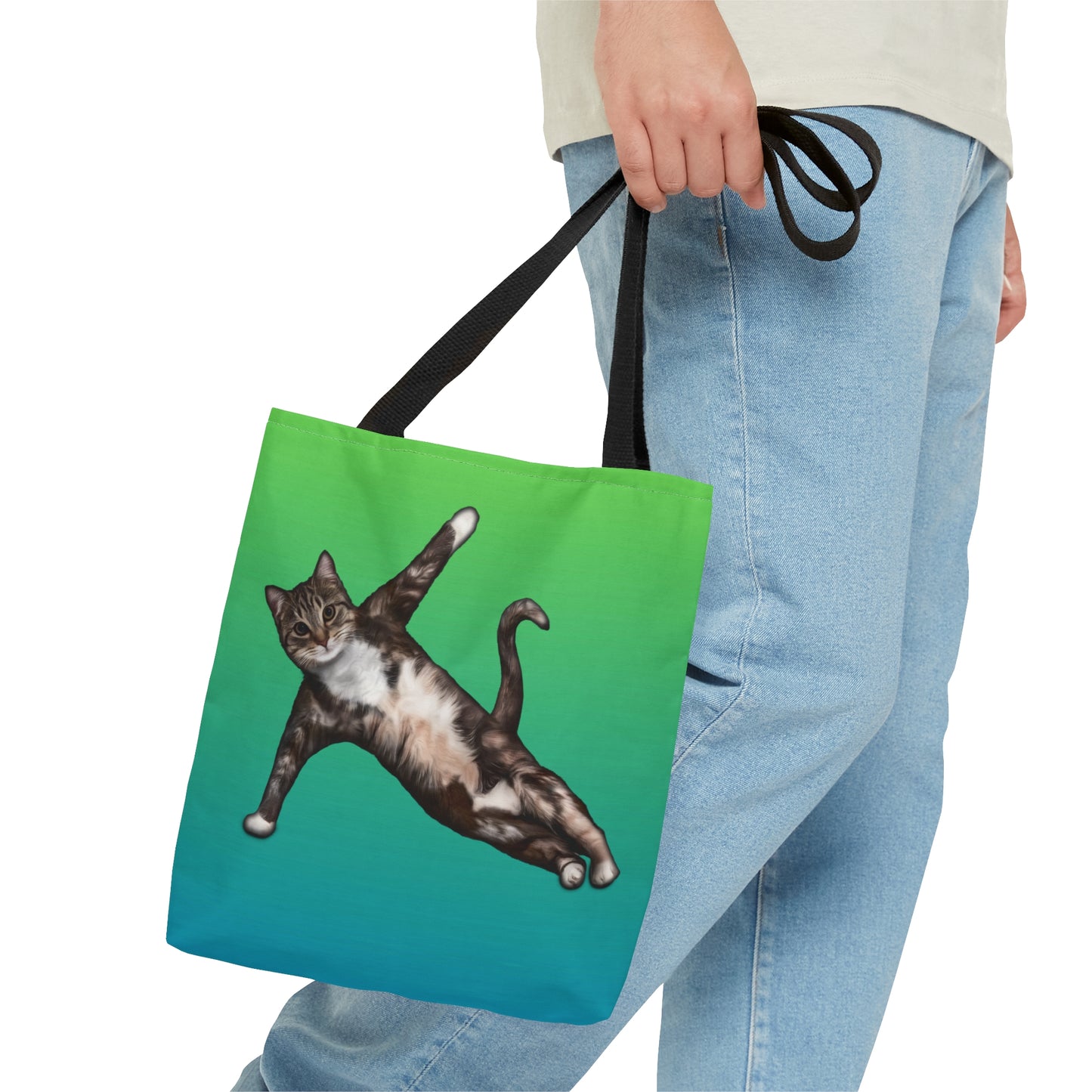 Tote bag with a cat in a yogi pose on a green gradient background