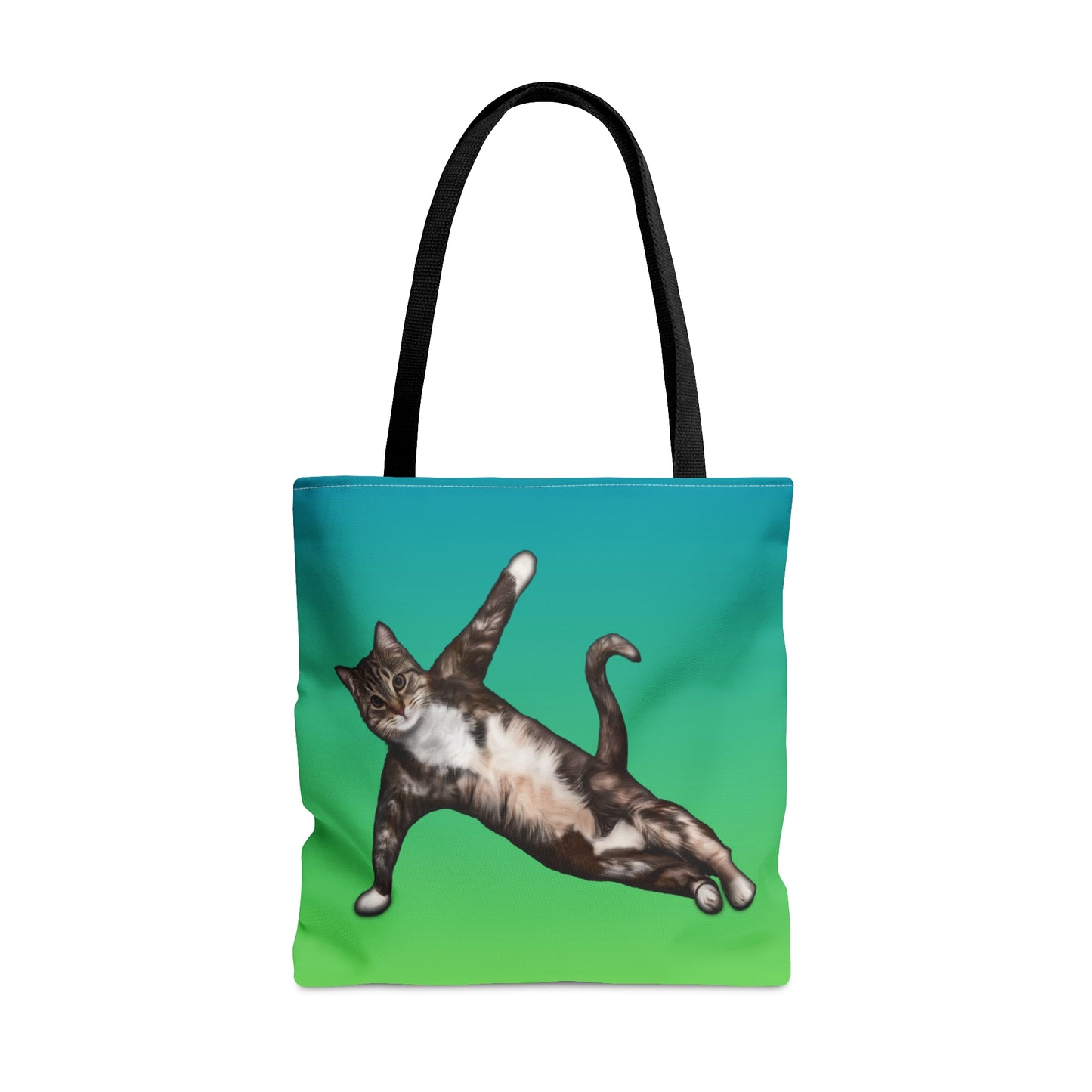 Tote bag with a cat in a yogi pose on a green gradient background