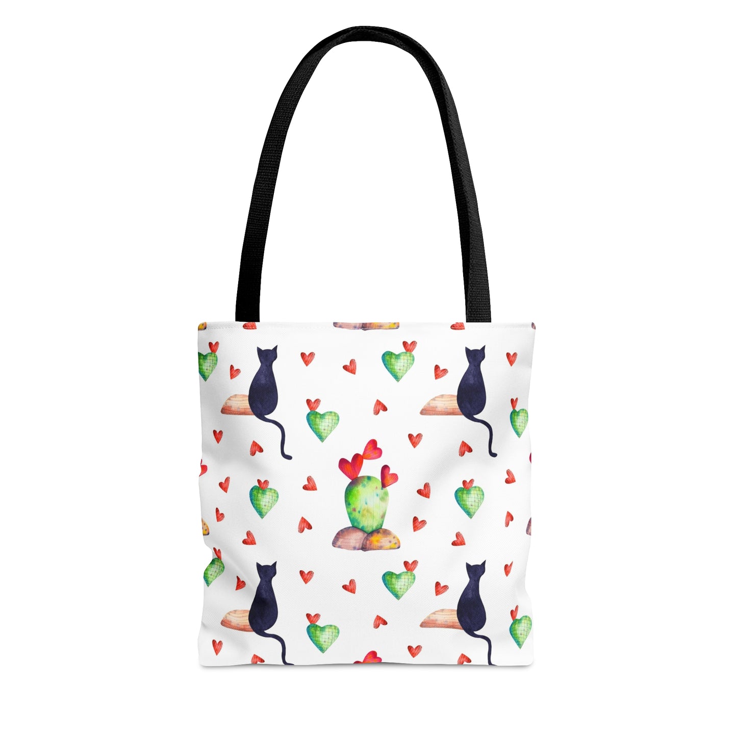 Tote bag with black cat, hearts and cactus pattern on a white background