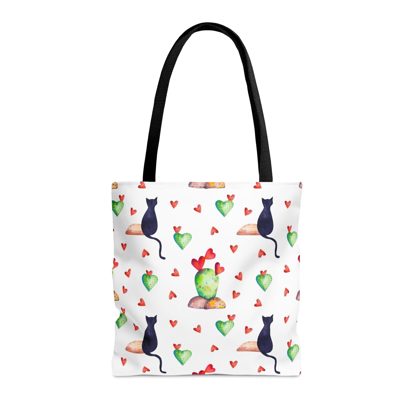 Tote bag with black cat, hearts and cactus pattern on a white background