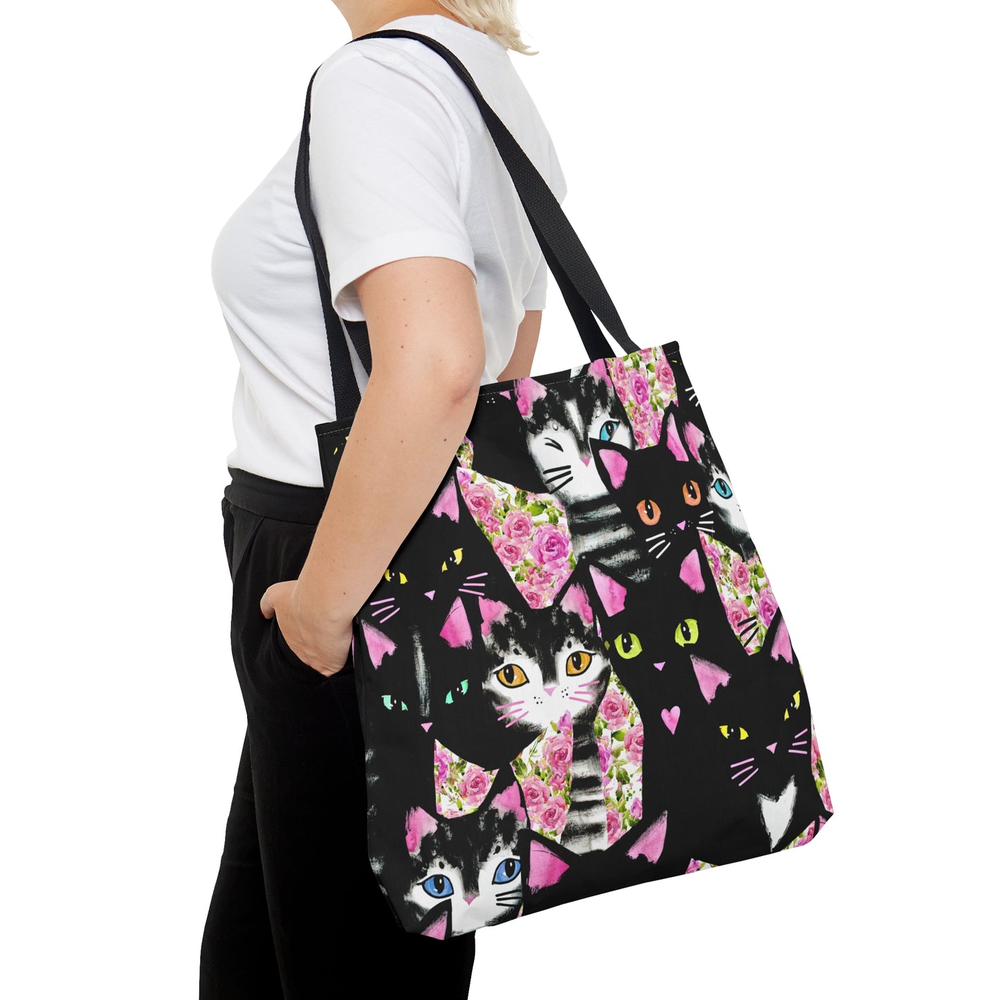 Tote bag with cartoon cats and roses pattern