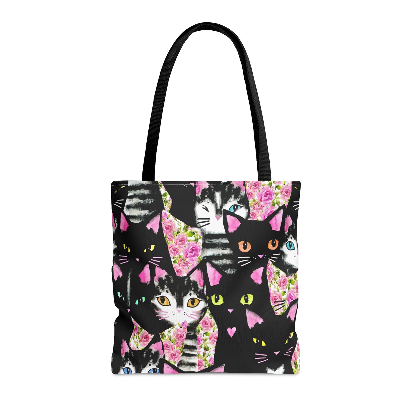 Tote bag with cartoon cats and roses pattern