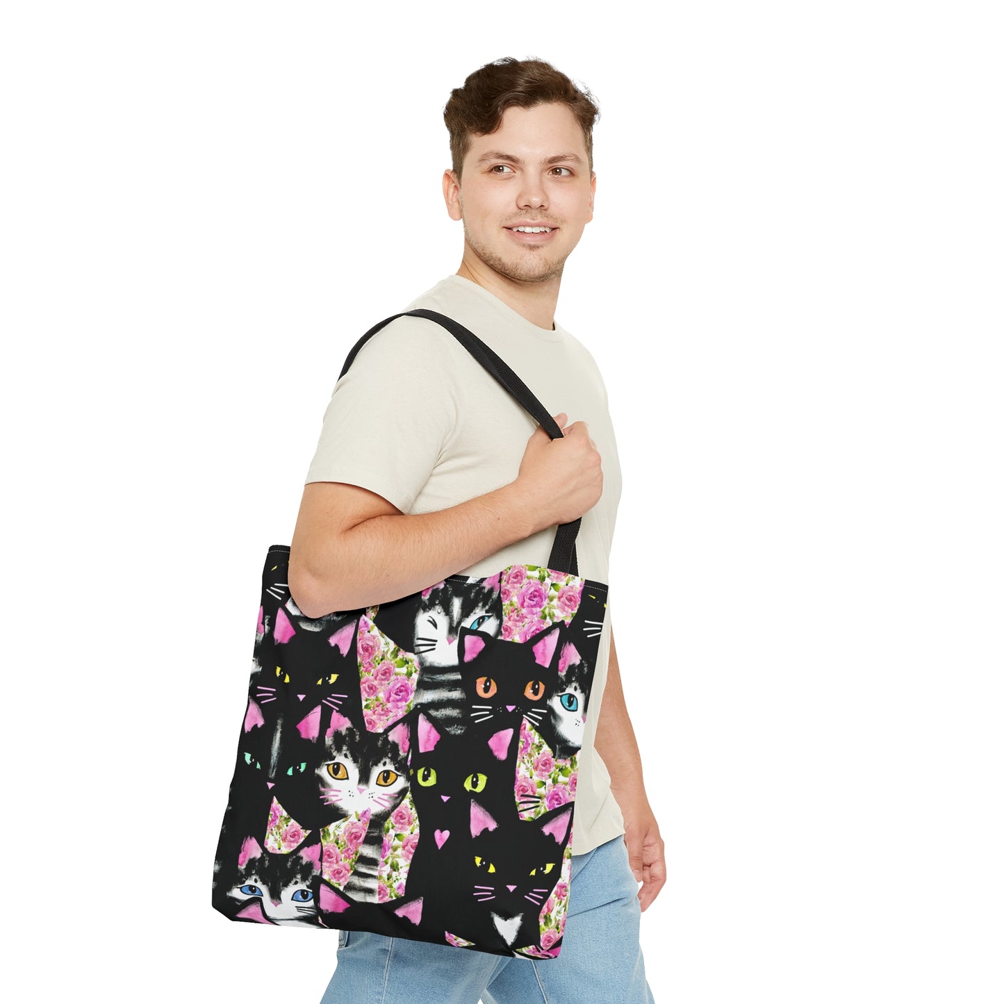 Tote bag with cartoon cats and roses pattern