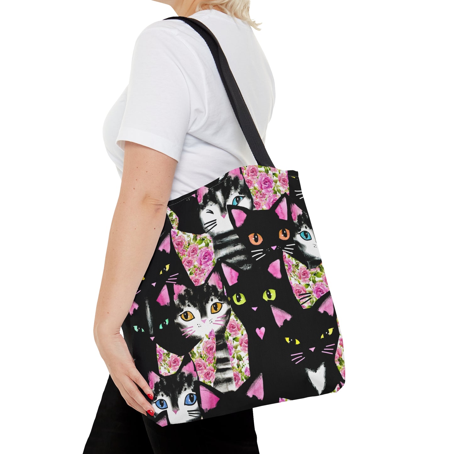 Tote bag with cartoon cats and roses pattern