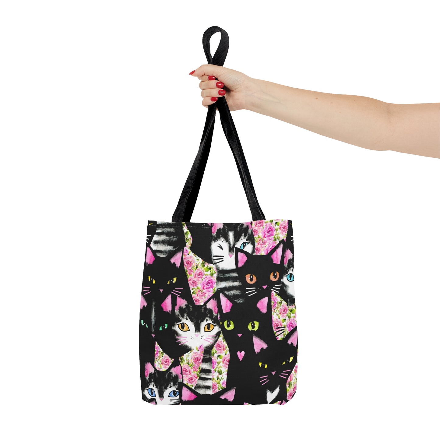 Tote bag with cartoon cats and roses pattern
