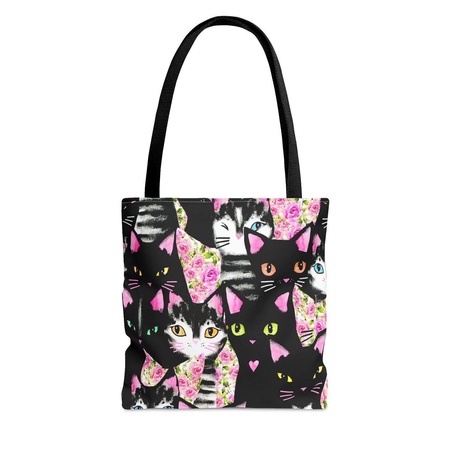 Tote bag with cartoon cats and roses pattern
