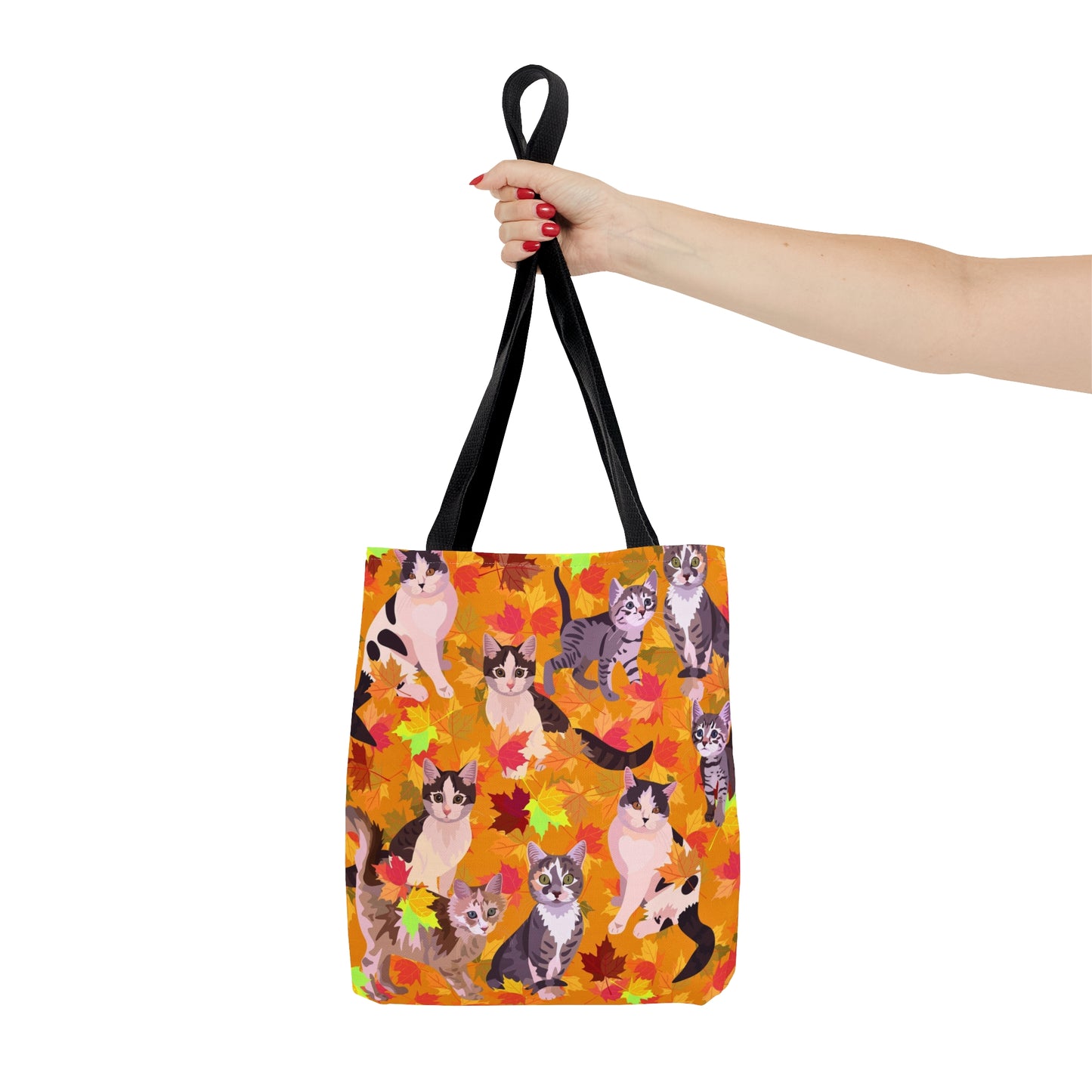 Orange Tote bag with illustrated cats and fall leaf theme