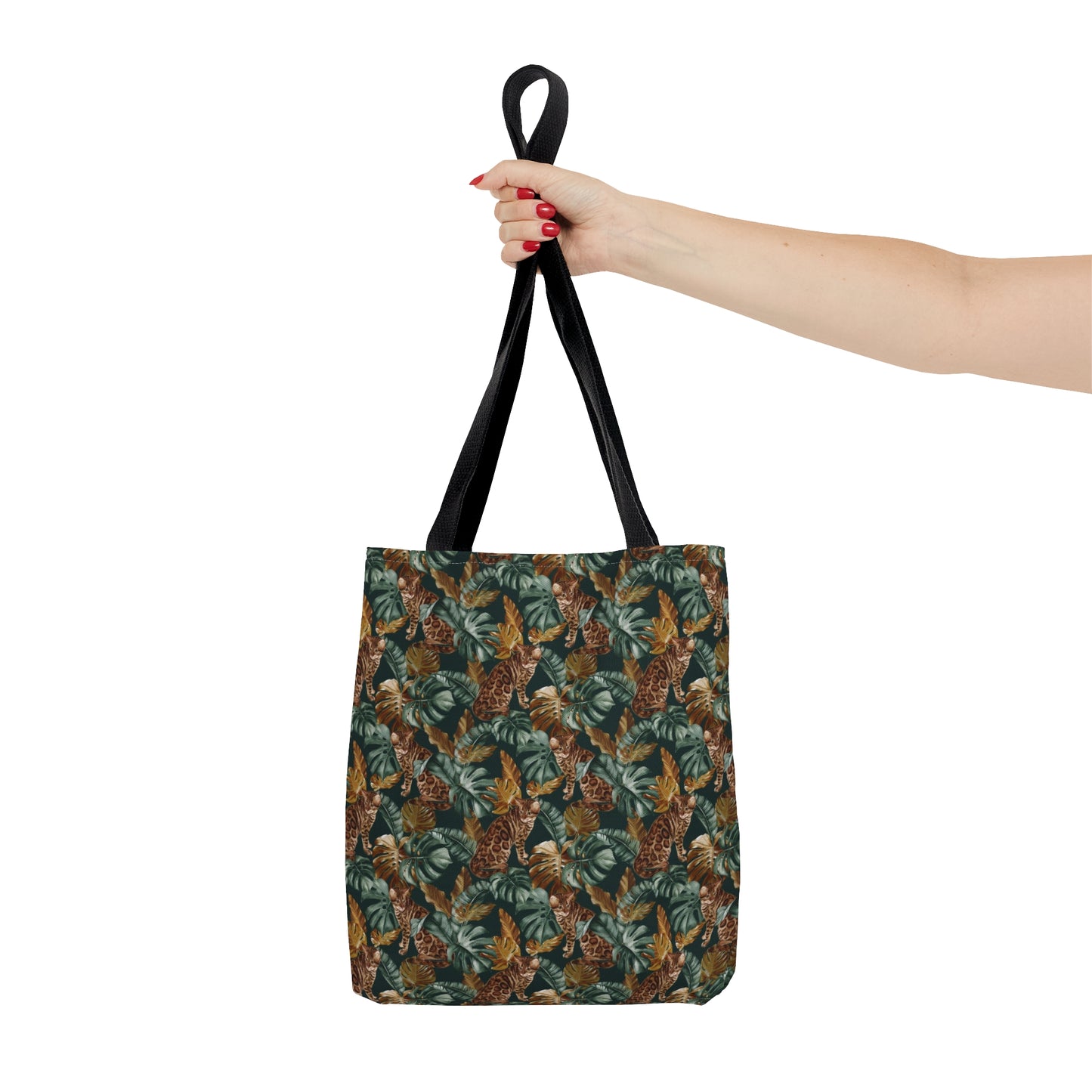 Tote bag with a Bengal cat and leaf pattern.
