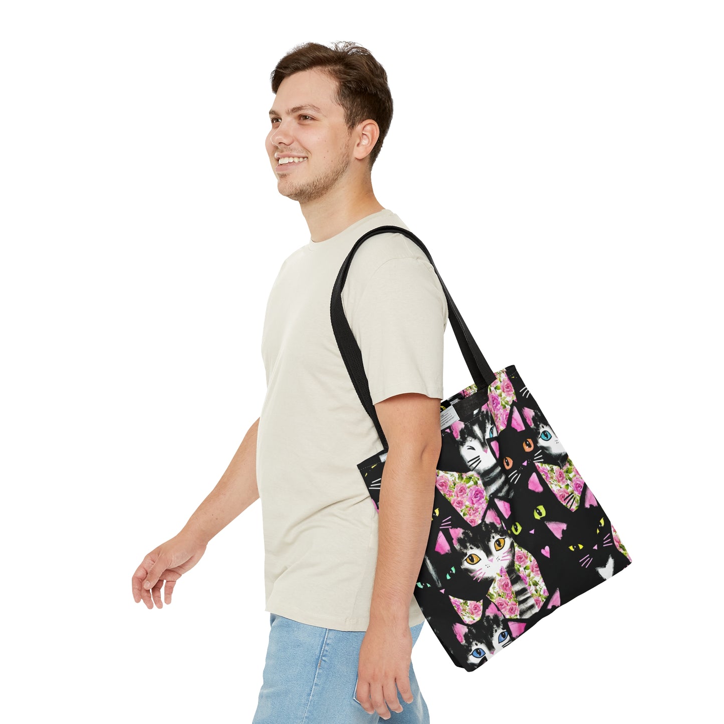 Tote bag with cartoon cats and roses pattern