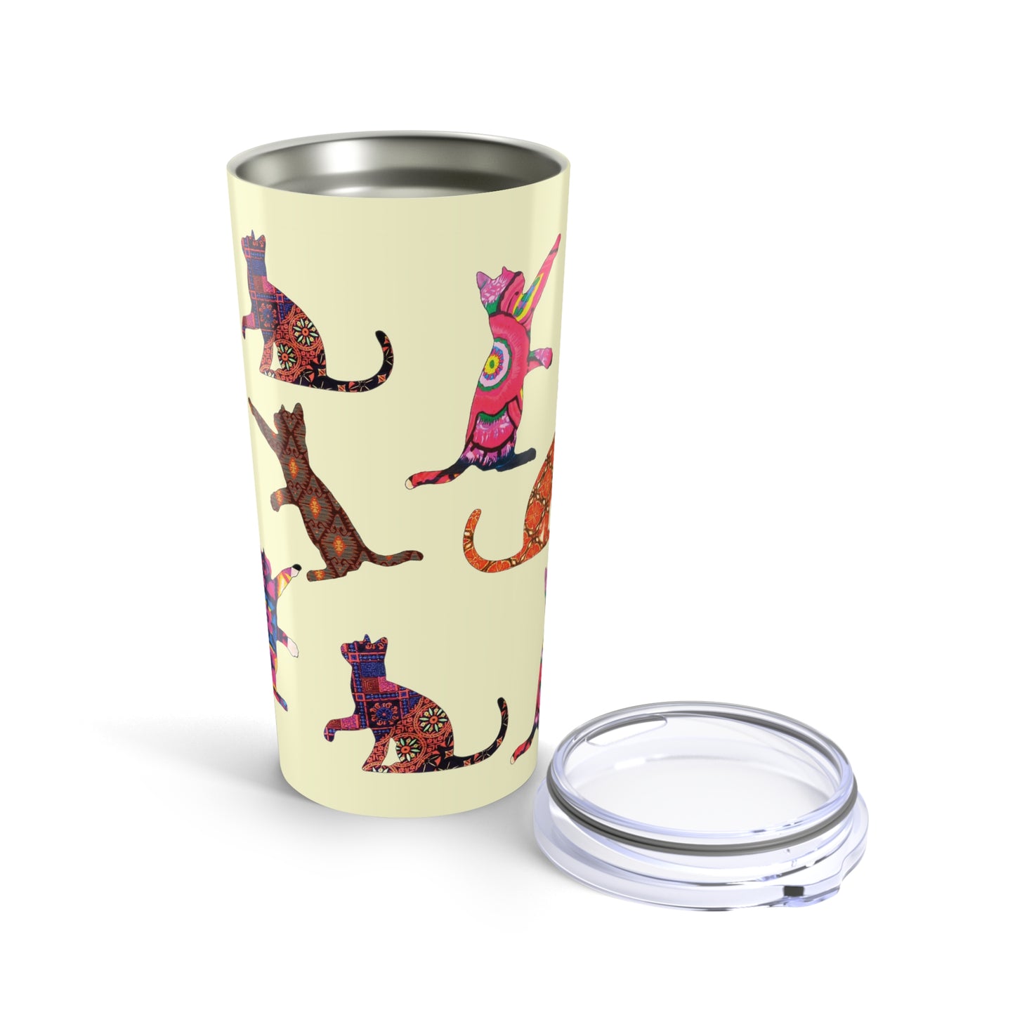 Tumbler with colorful cat pattern on a Cream background 20oz
