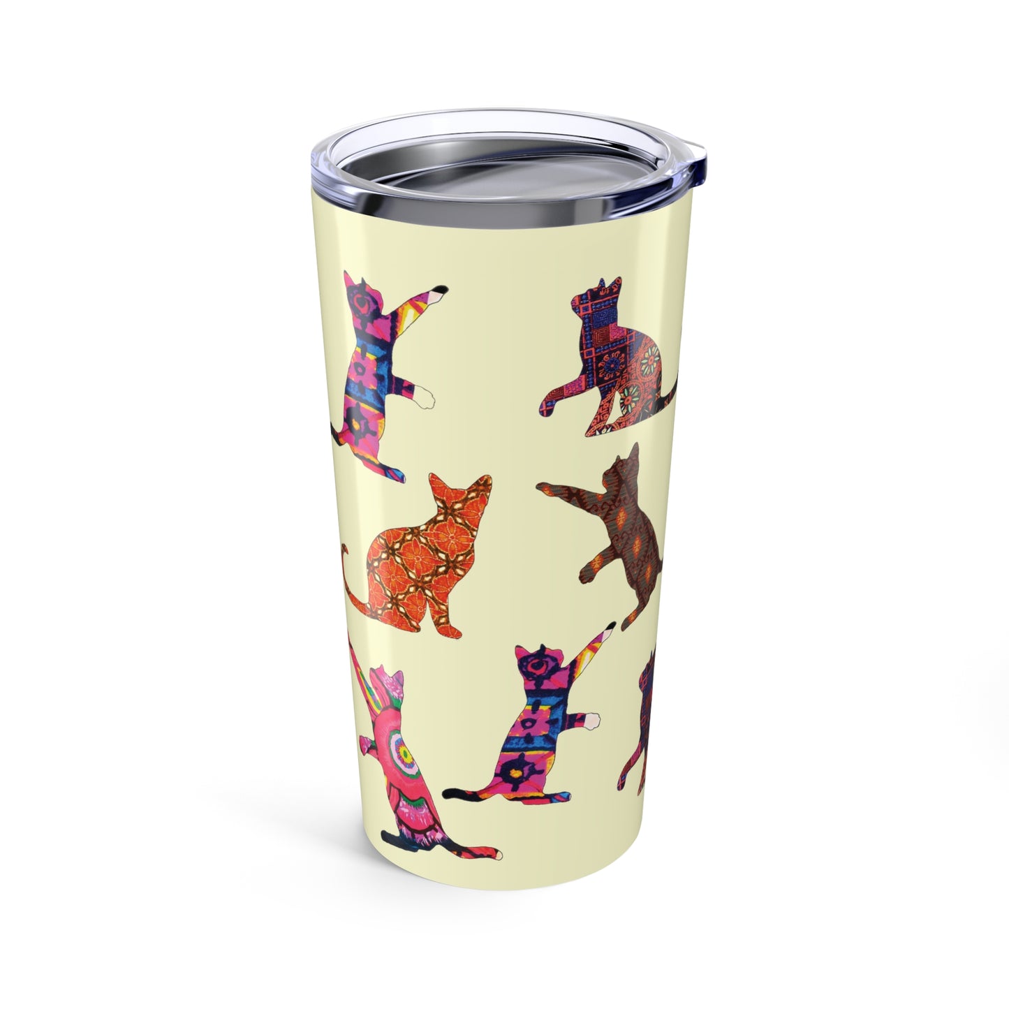Tumbler with colorful cat pattern on a Cream background 20oz