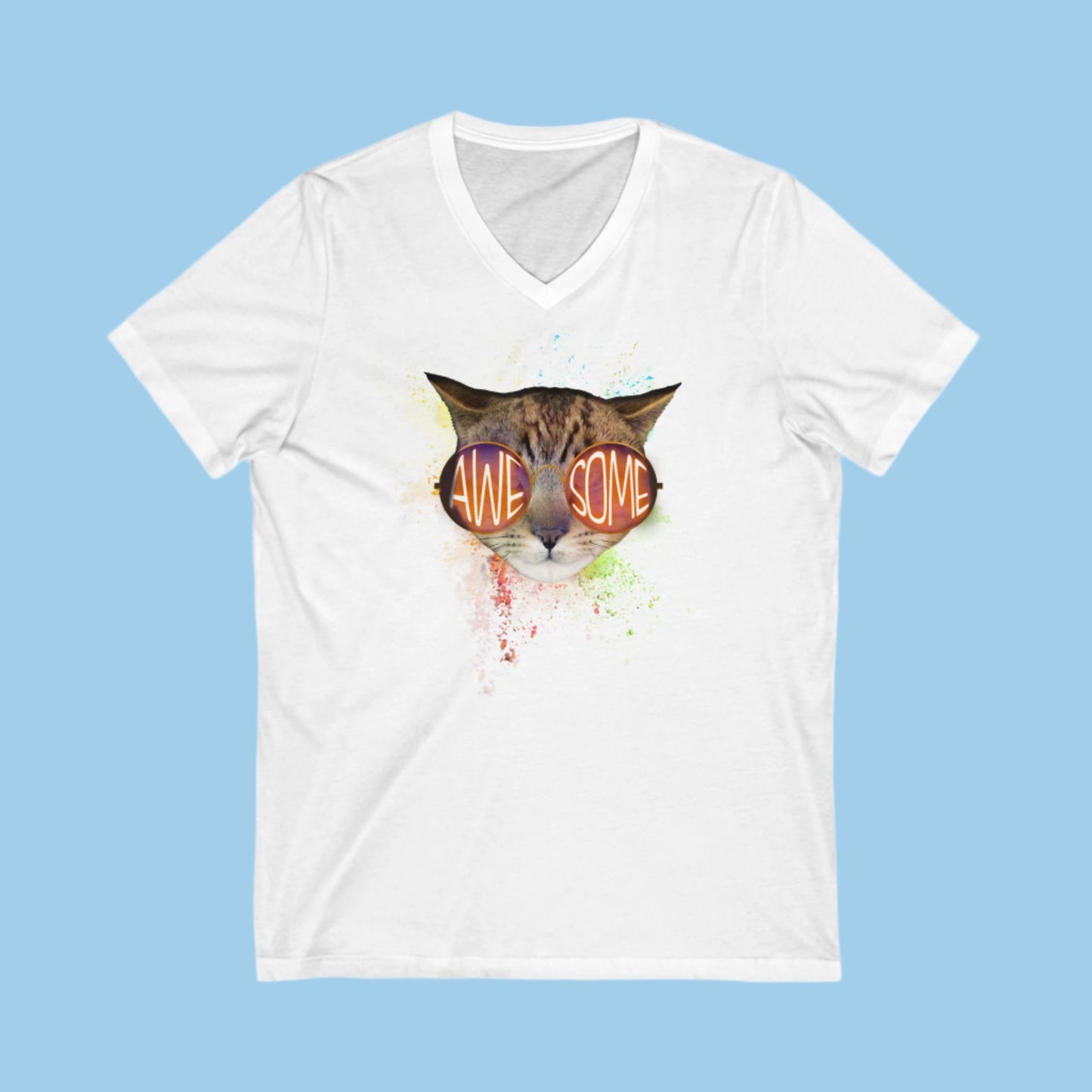 White Awesome Cat V-Neck T-Shirt