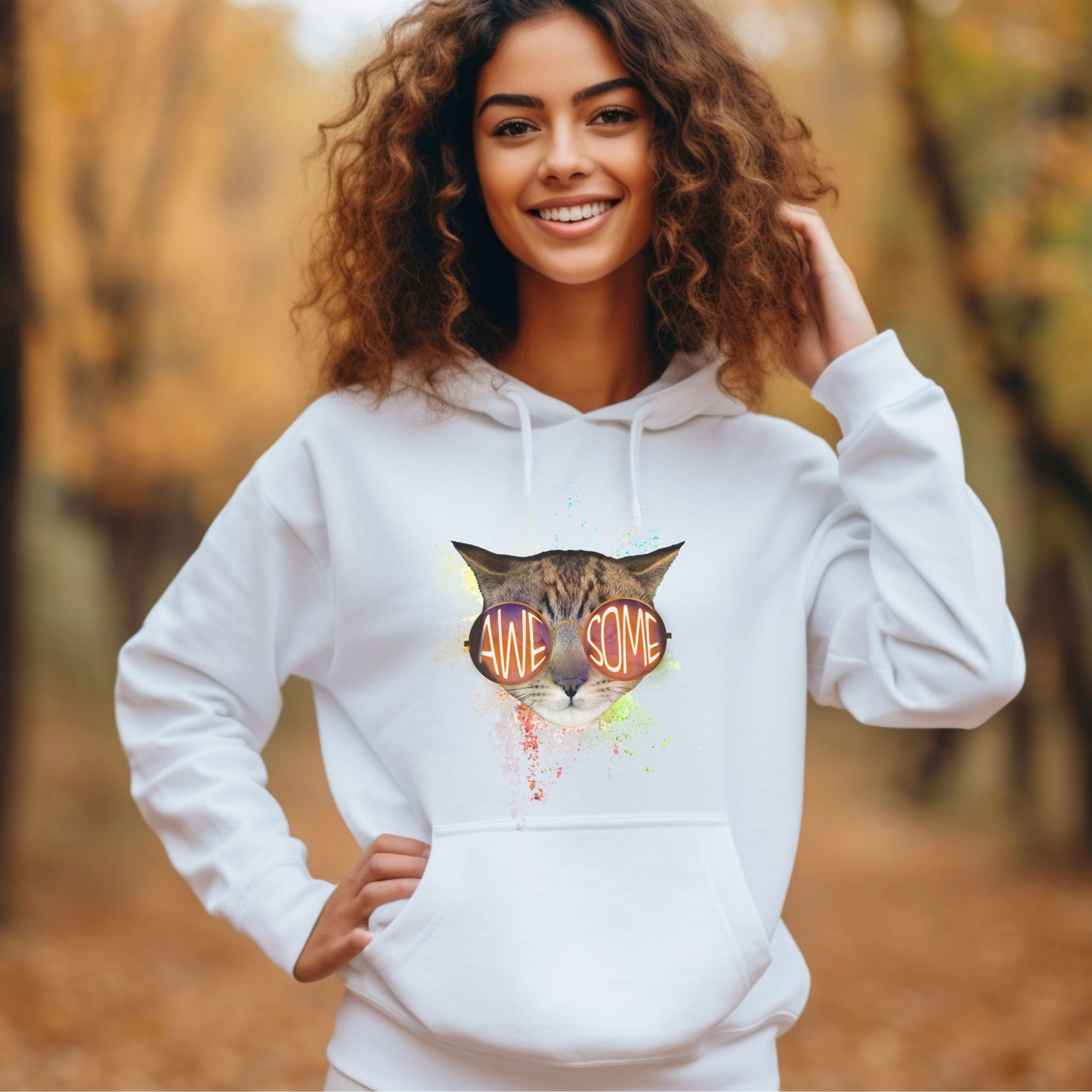 White Awesome Cat Themed Hooded Sweatshirt Unisex