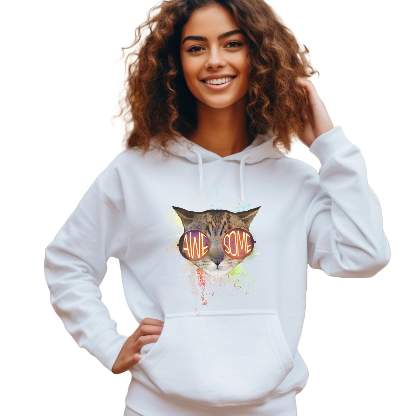 White Awesome Cat Themed Hooded Sweatshirt Unisex