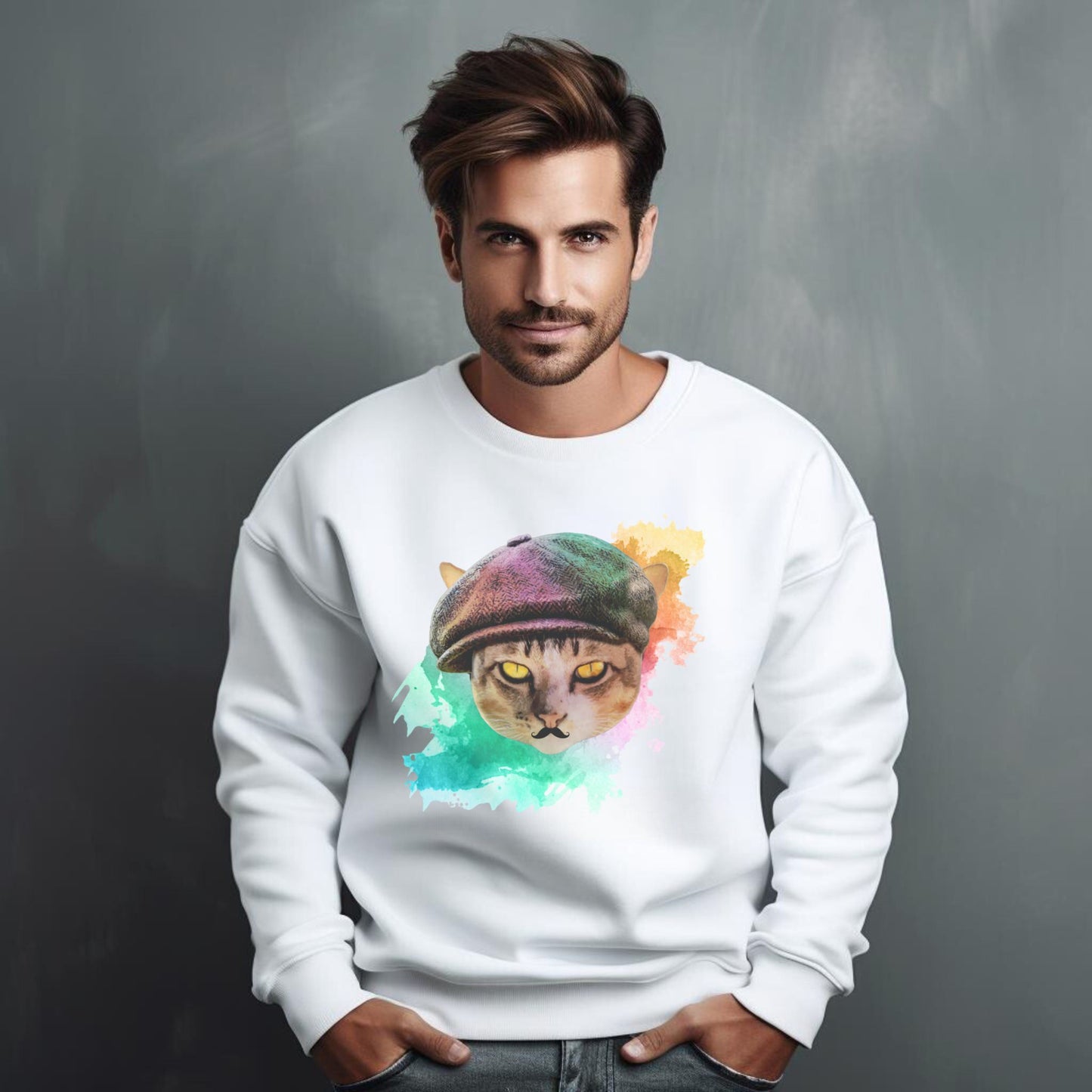 White Baker Boy Cat Themed Crewneck Unisex Sweatshirt