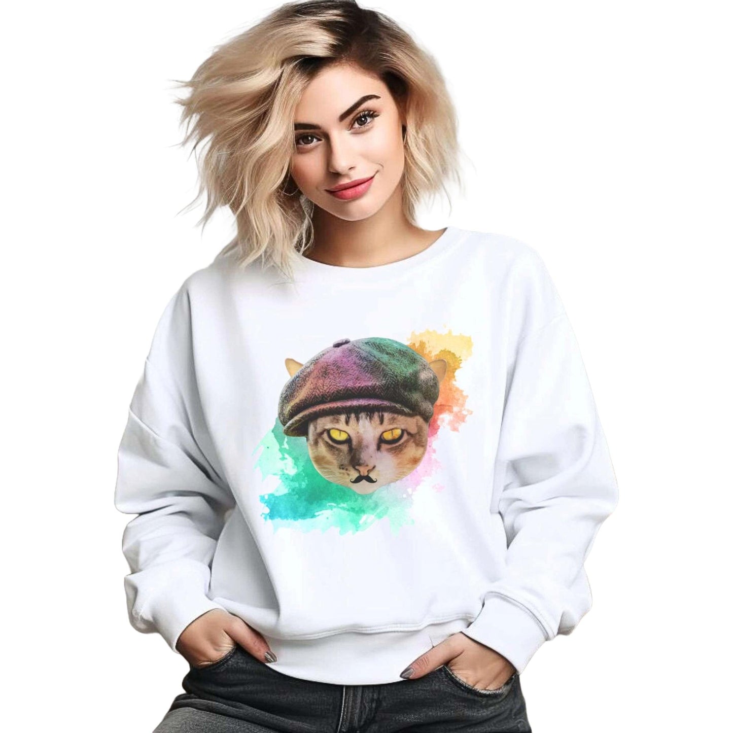 White Baker Boy Cat Themed Crewneck Unisex Sweatshirt