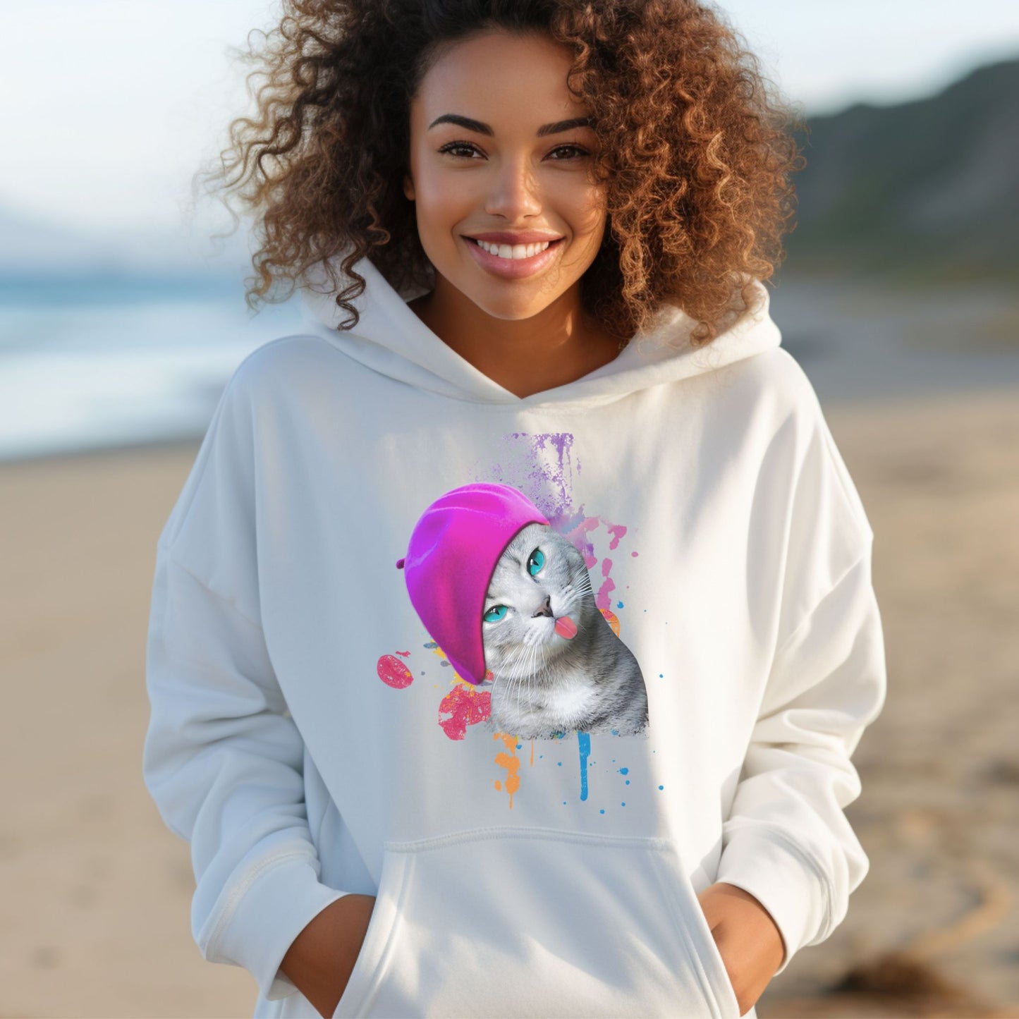 White_Beret_Girl_Cat Themed Hooded_Sweatshirt