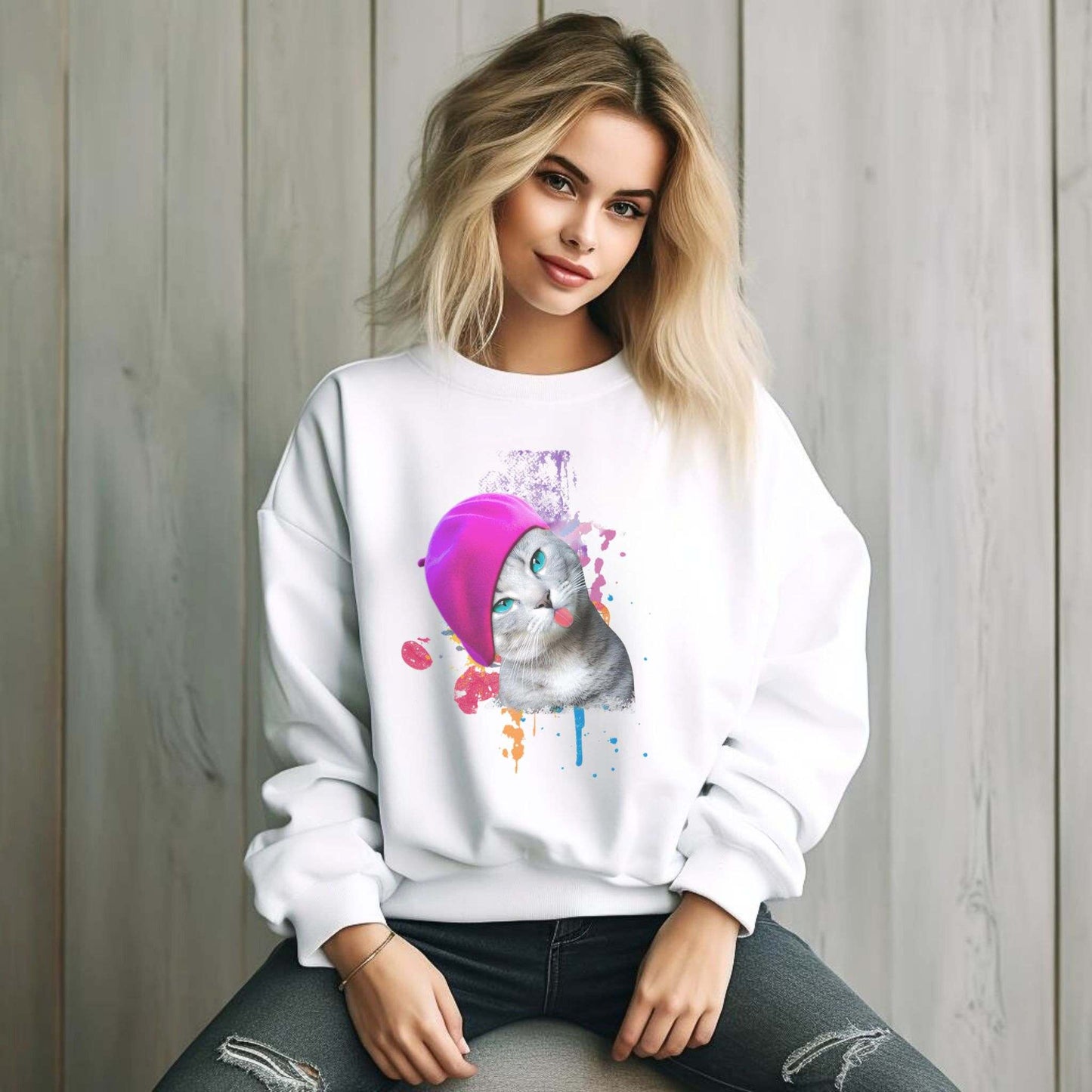 White Beret Girl Cat themed Unisex Sweatshirt