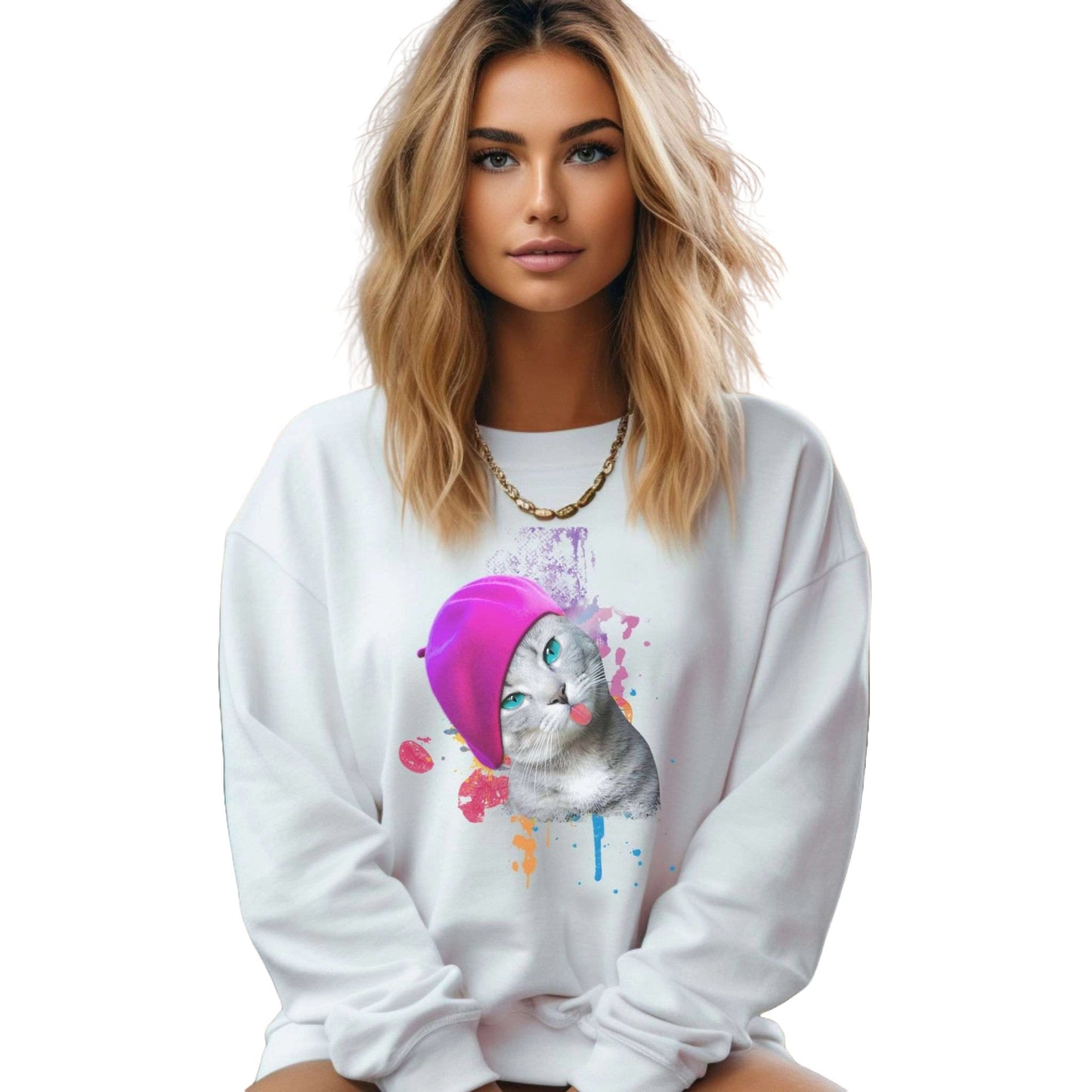 White Beret Girl Cat themed Unisex Sweatshirt