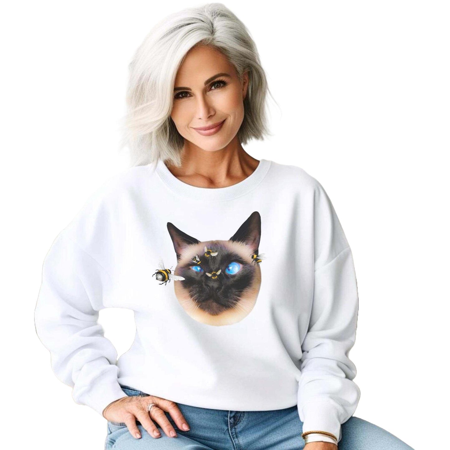 White Buzz Off Cat Themed Crewneck Unisex Sweatshirt