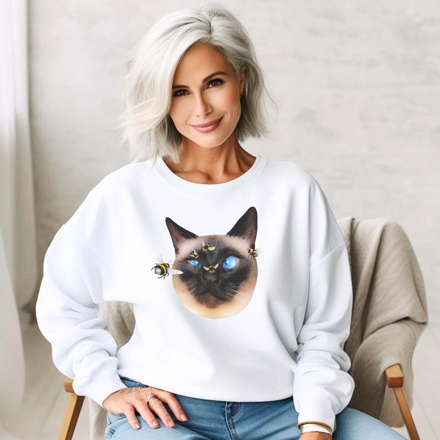 White Buzz Off Cat Themed Crewneck Unisex Sweatshirt