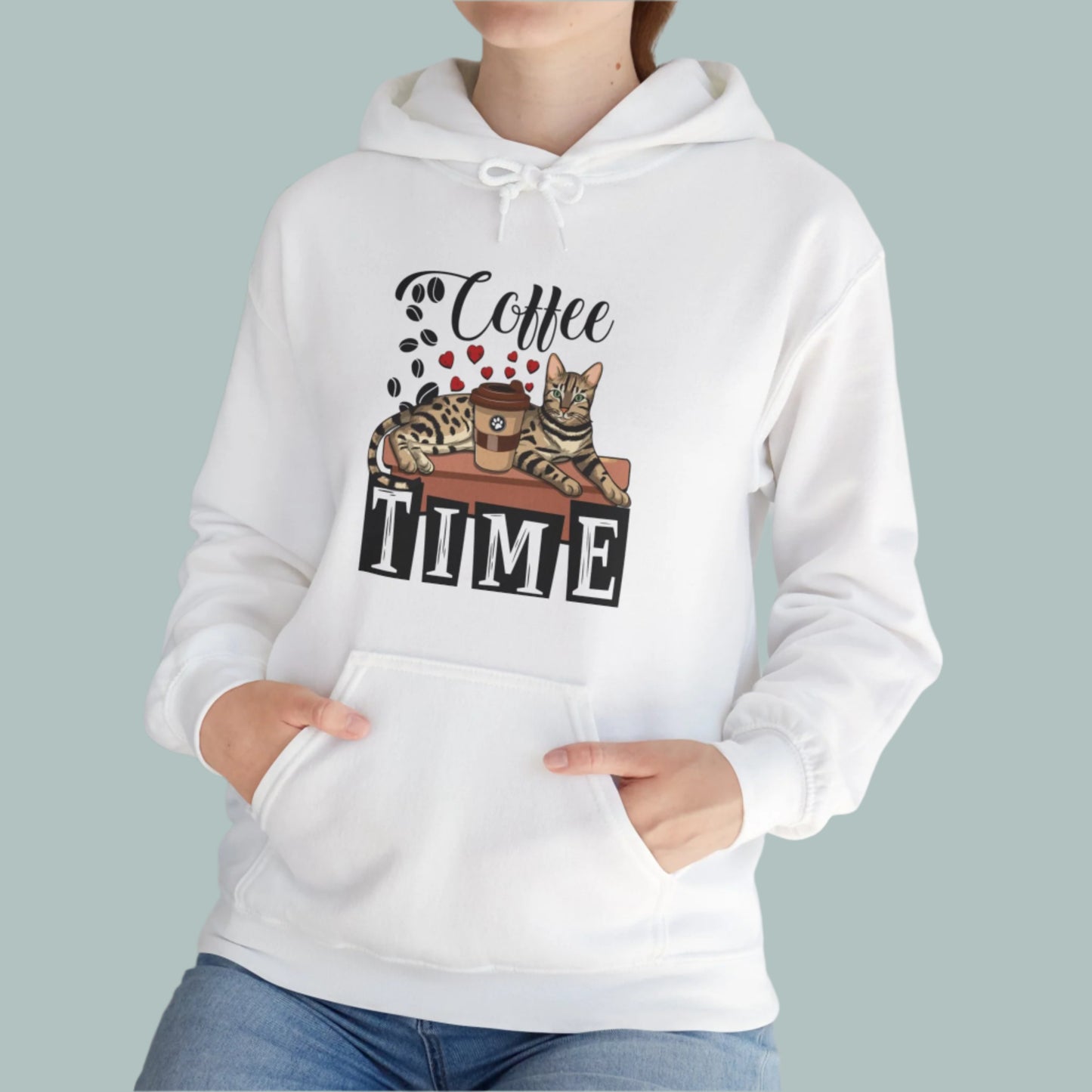 White C☕ffee Beans & Love Hearts Cat Themed Hooded Sweatshirt Unisex
