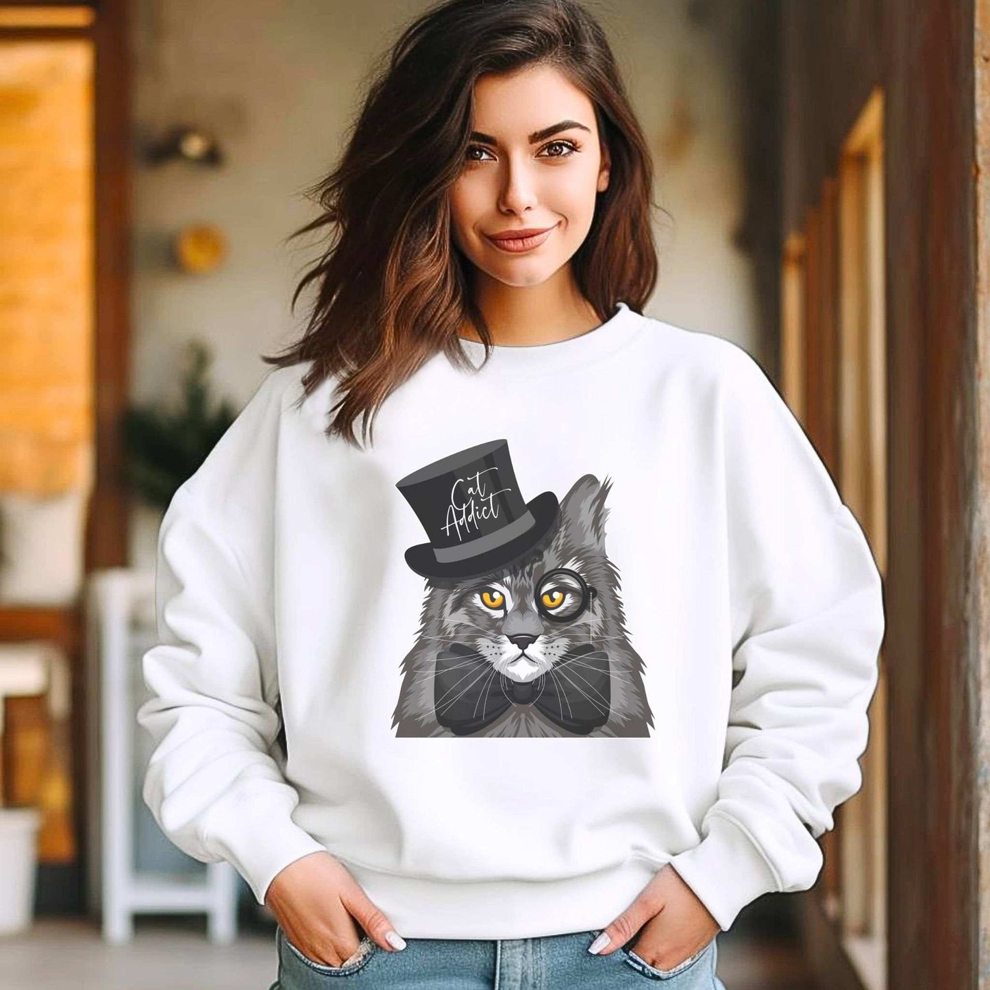 White Maine Coon Cat Addict Crewneck Unisex Sweatshirt