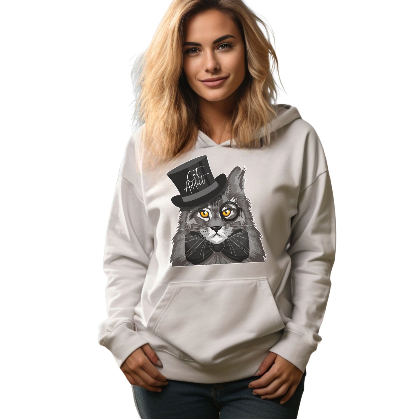 White Cat Addict_Maine Coon Feline Themed Hooded_Sweatshirt Unisex