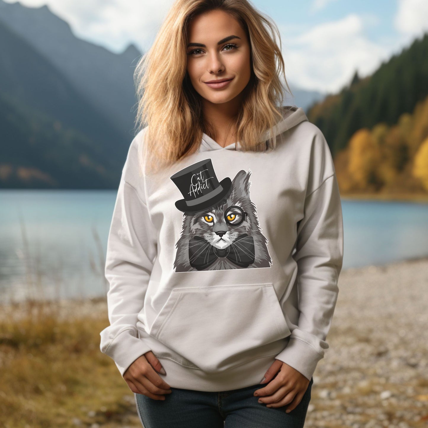 White Cat Addict_Maine Coon Feline Themed Hooded_Sweatshirt Unisex