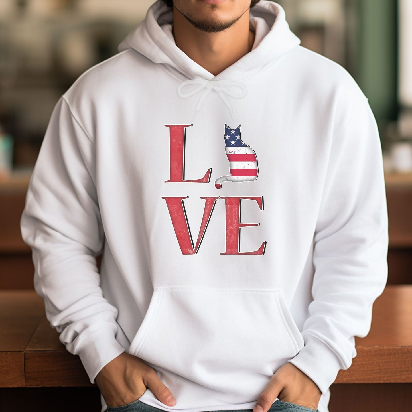 White Cat Themed Love USA Hooded Sweatshirt Unisex