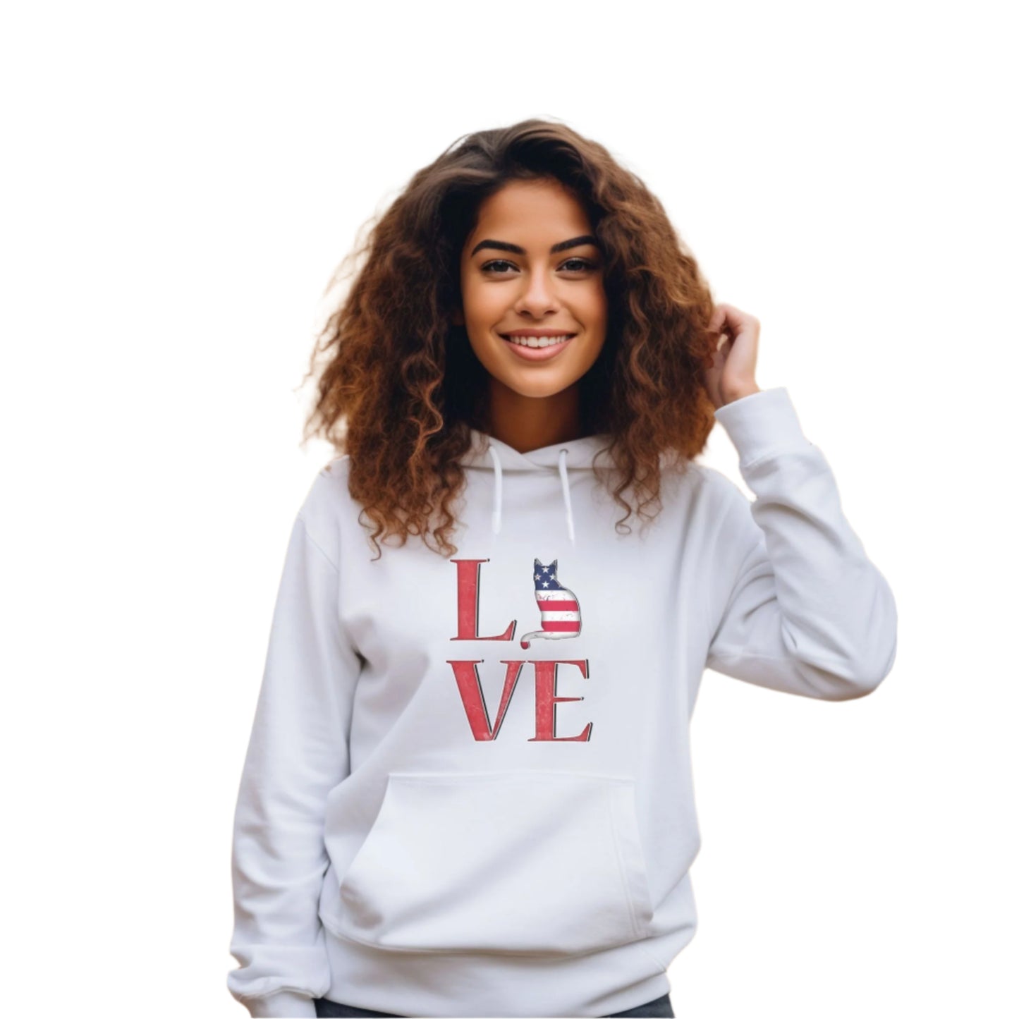 White Cat Themed Love USA Hooded Sweatshirt Unisex