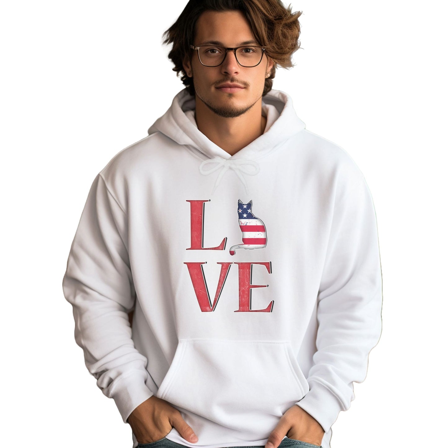White Cat Themed Love USA Hooded Sweatshirt Unisex