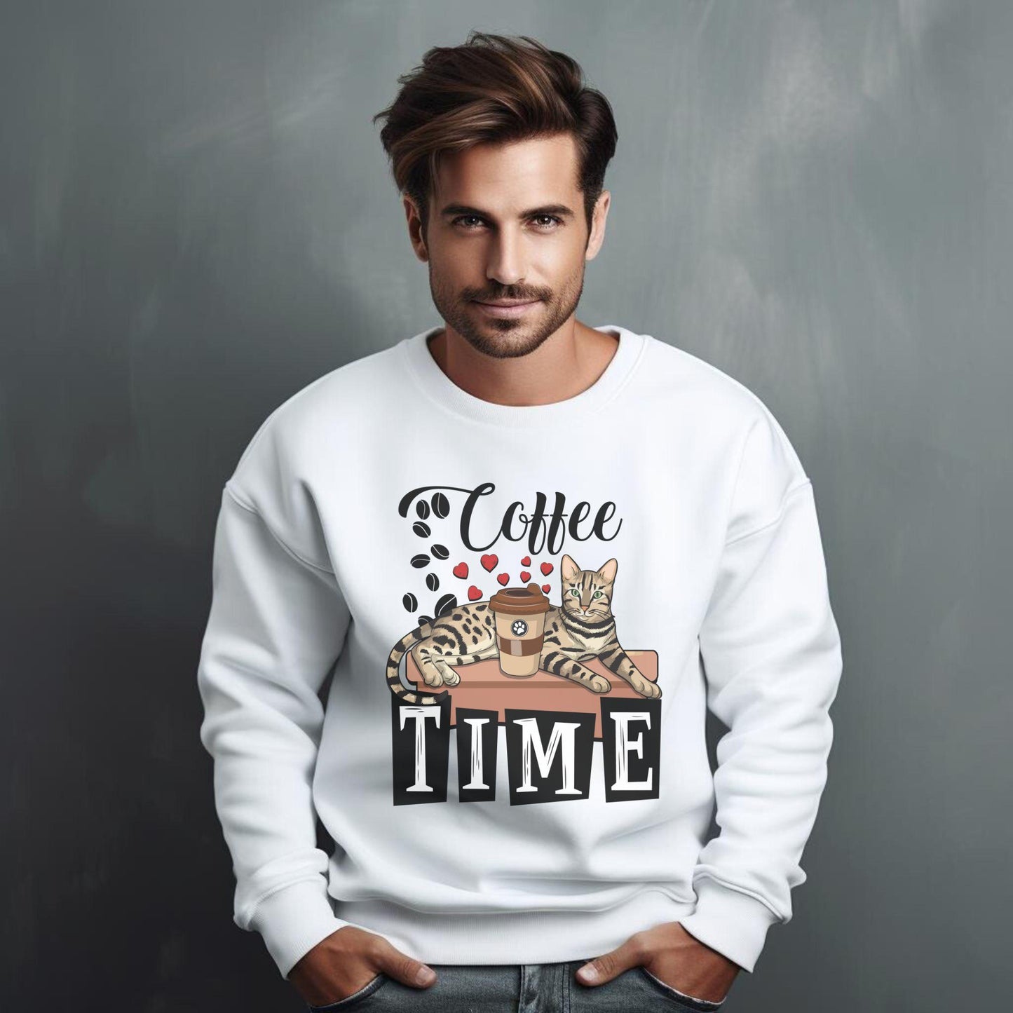 White Coffee Beans & Love Hearts Bengal Cat Themed Unisex Sweatshirt