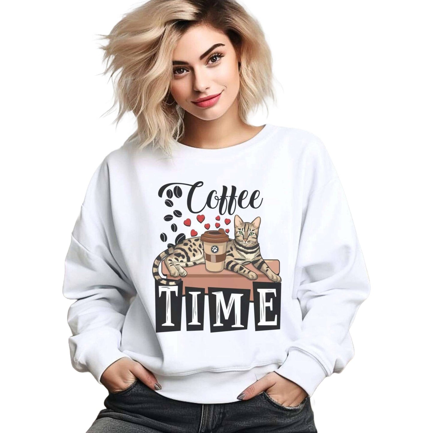 White Coffee Beans & Love Hearts Bengal Cat Themed Unisex Sweatshirt