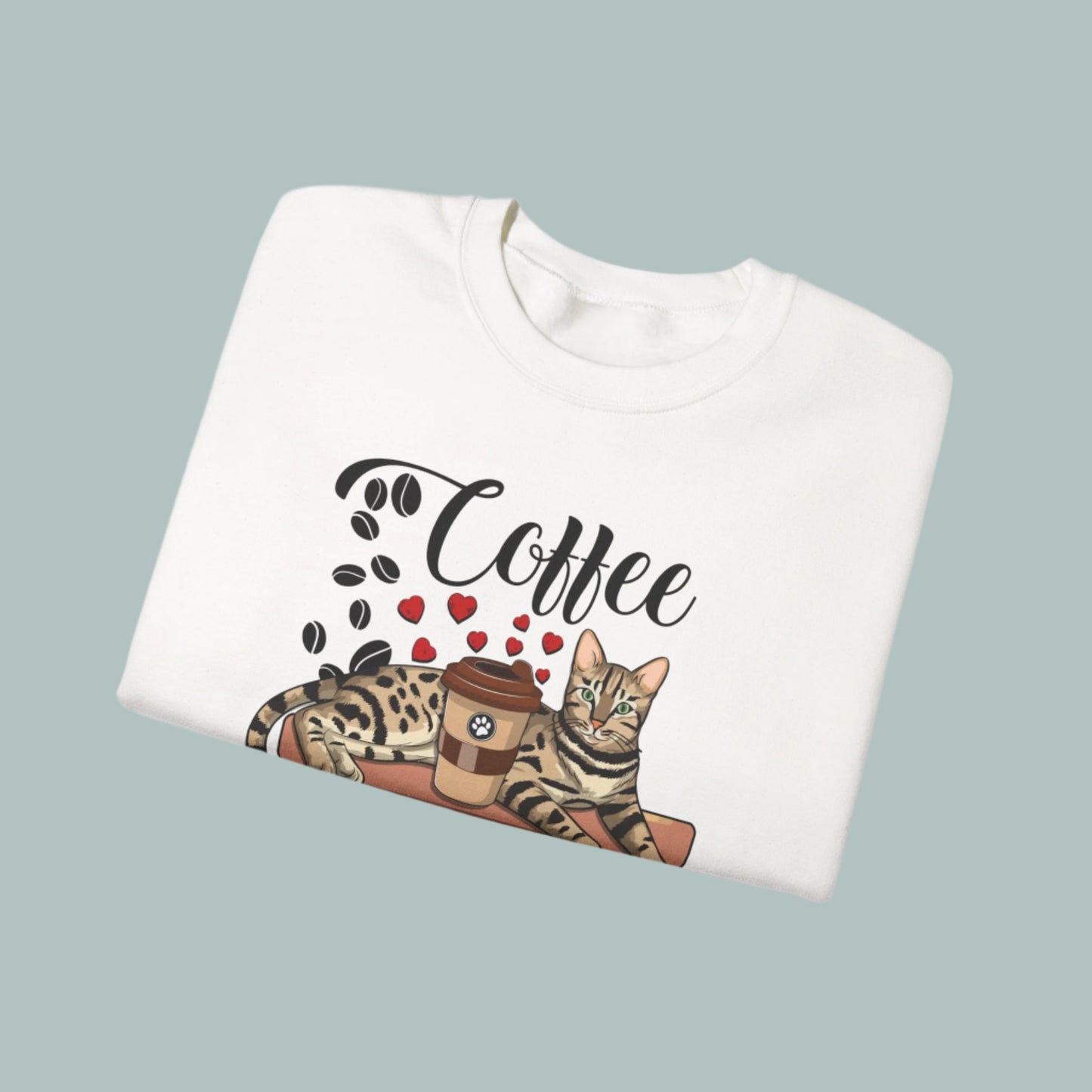 White Coffee Beans & Love Hearts Bengal Cat Themed Unisex Sweatshirt