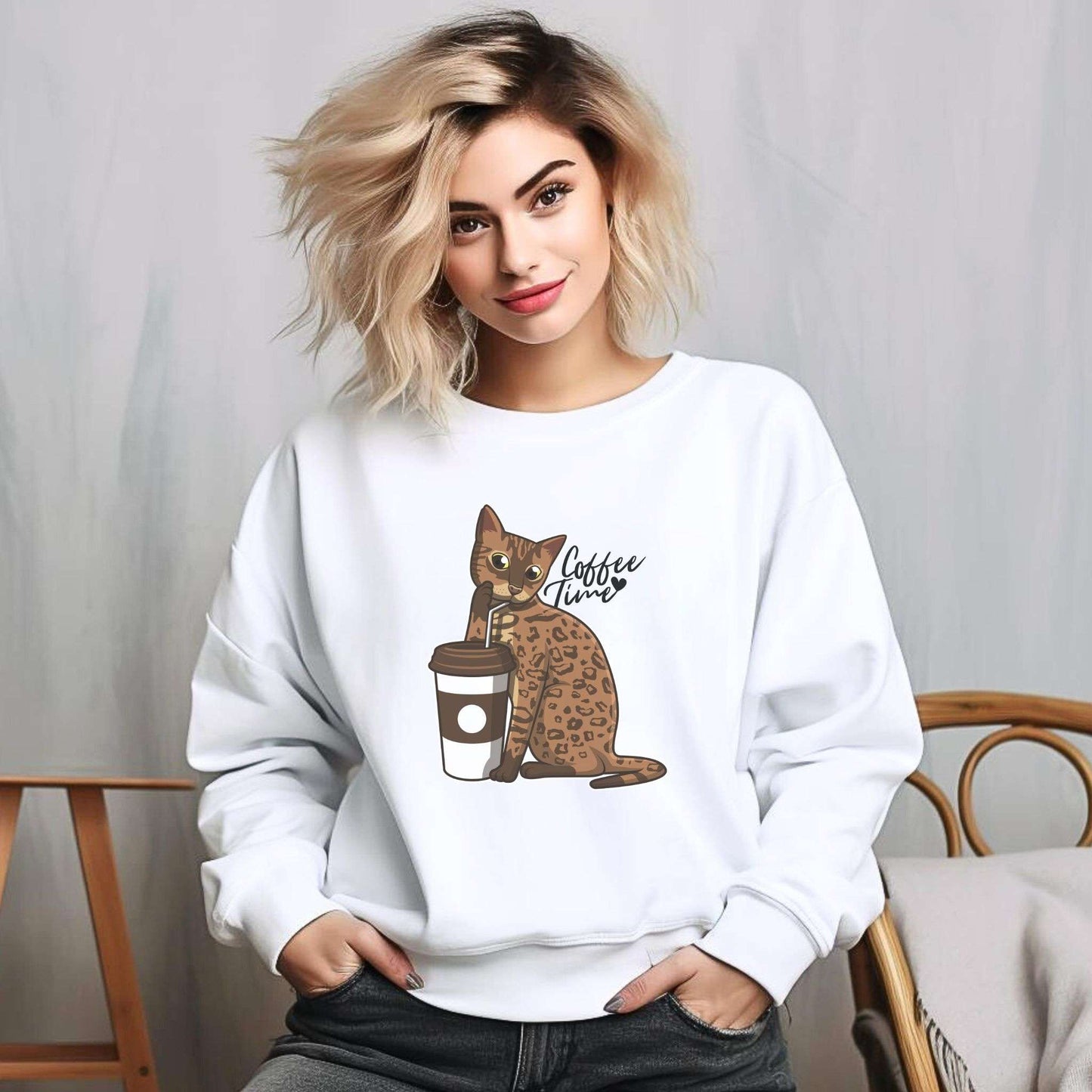 White Drinking Bengal Cat Unisex Sweatshirt
