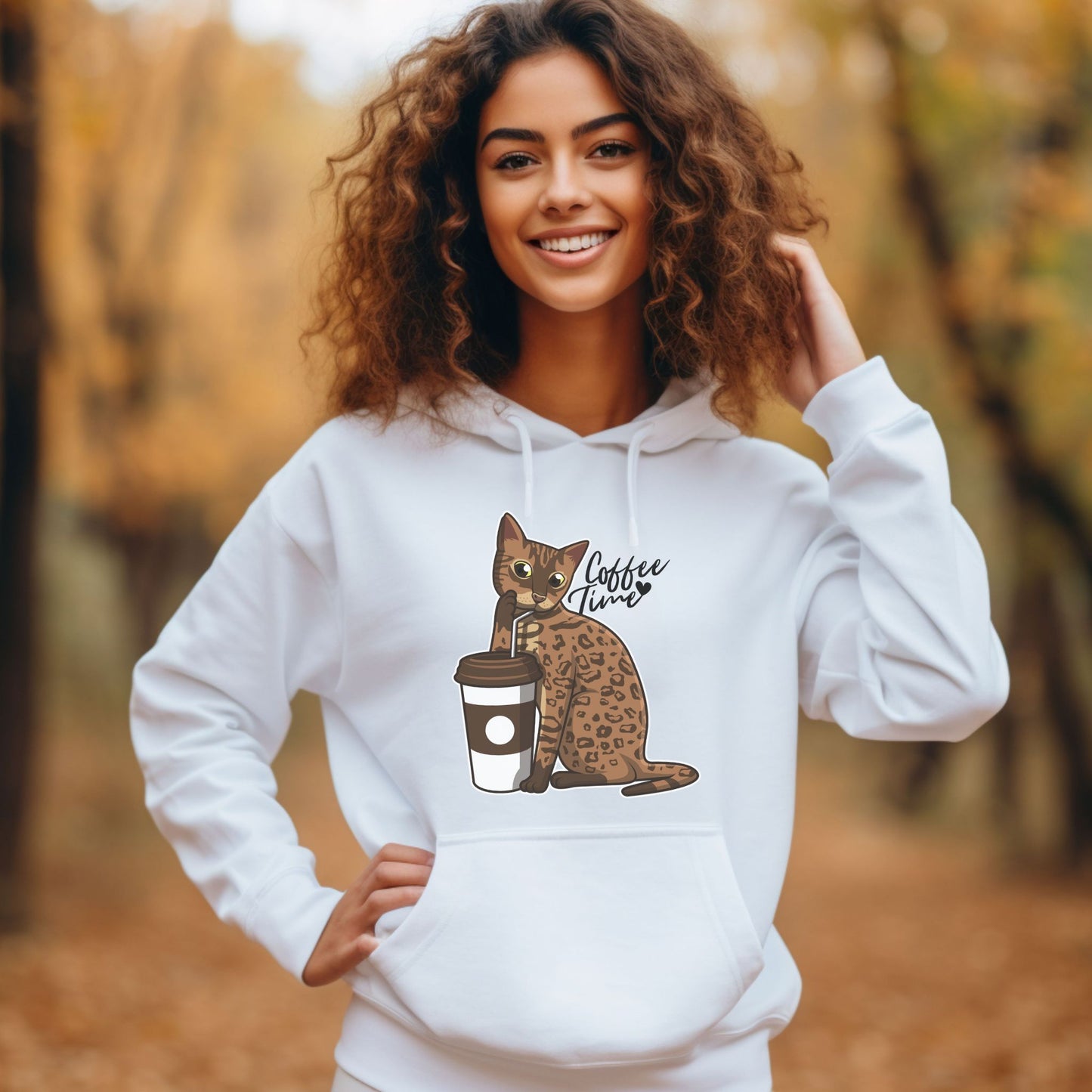 White Drinking Cat Hooded Sweatshirt Unisex
