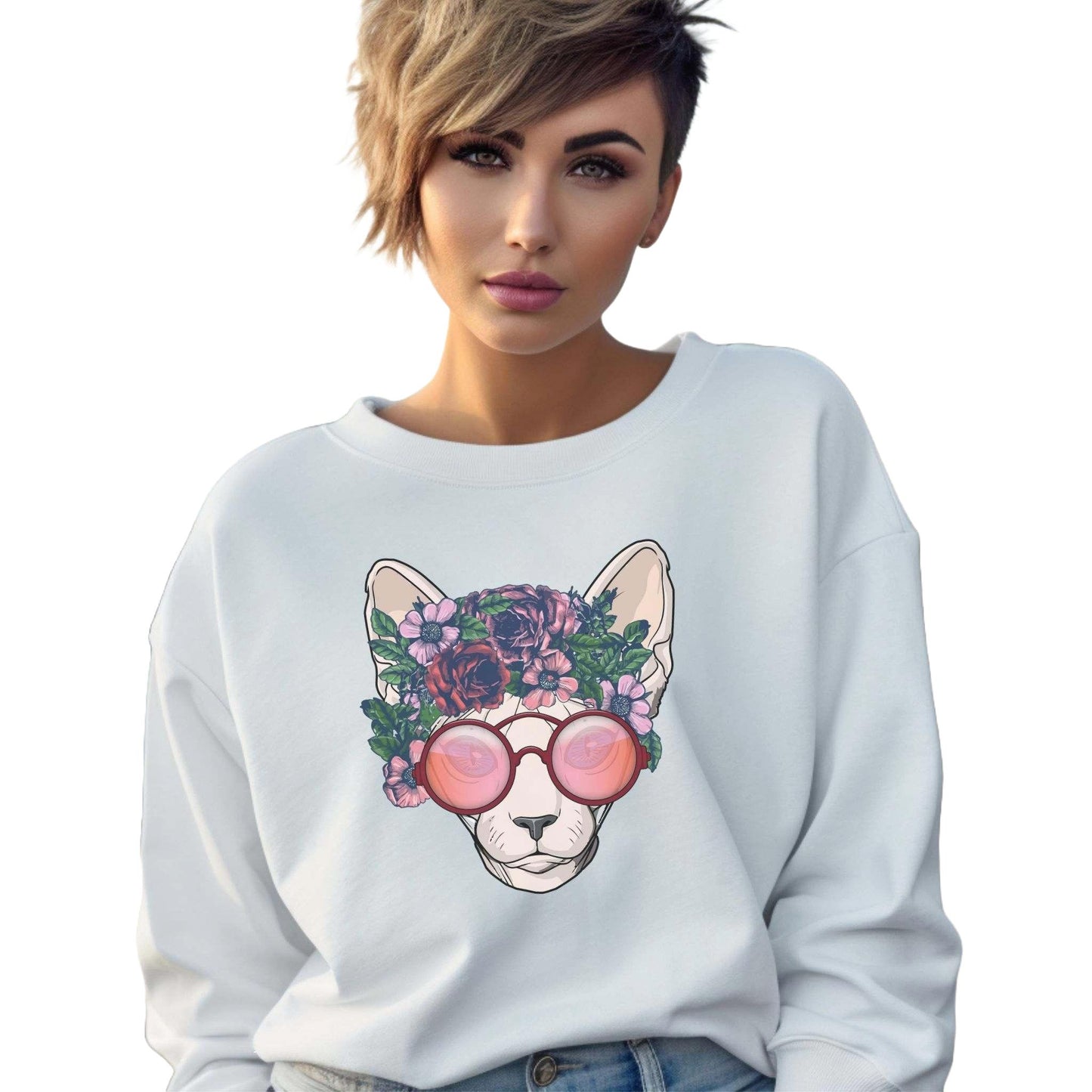 White Flower Sphynx Cat Themed Crewneck Unisex Sweatshirt