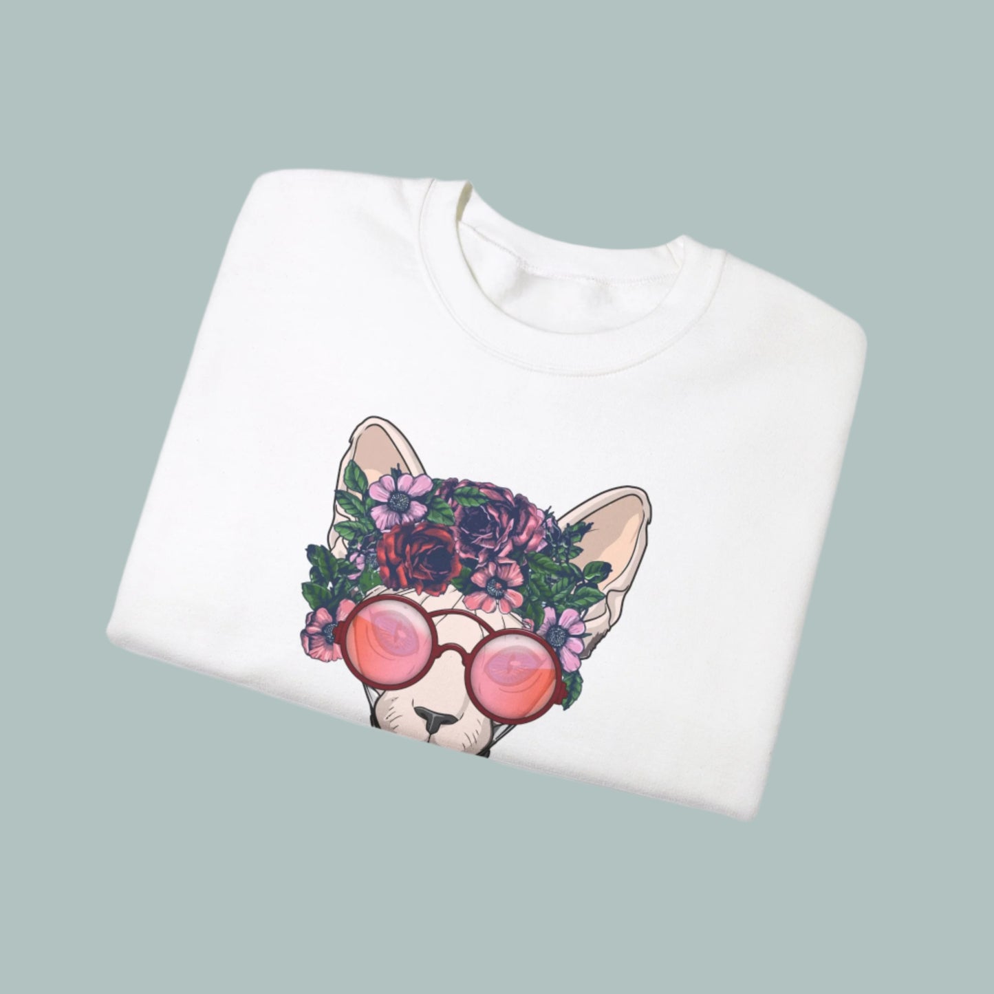 White Flower Sphynx Cat Themed Crewneck Unisex Sweatshirt