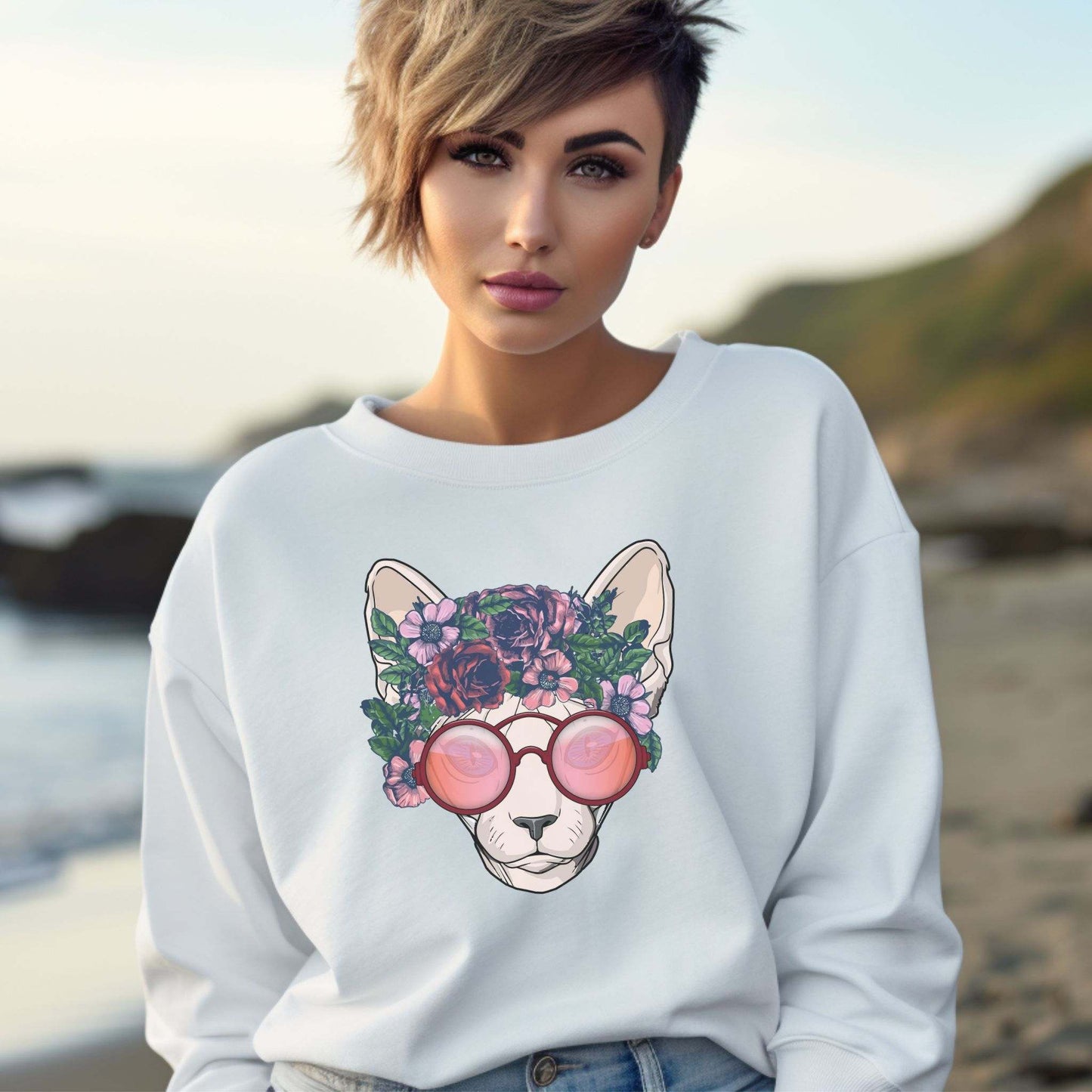 White Flower Sphynx Cat Themed Crewneck Unisex Sweatshirt